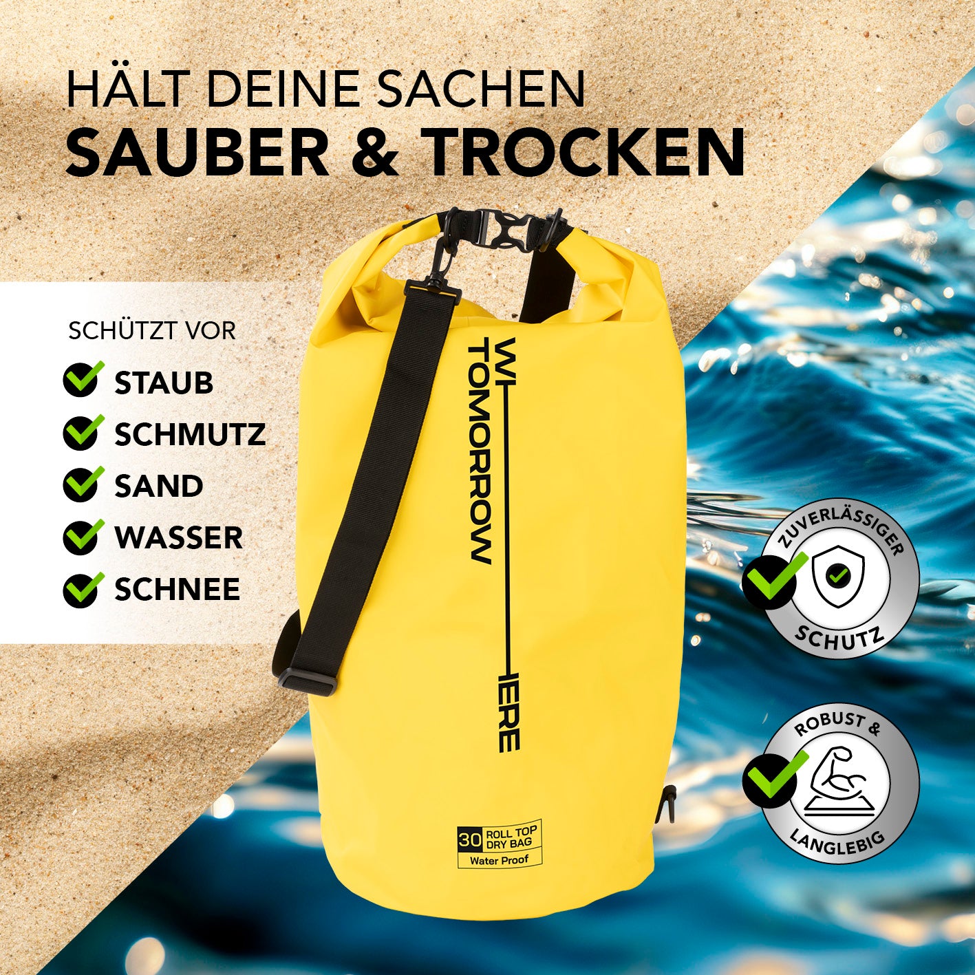 Dry Bag 30L - Style 01 - Gelb, wasserdichter, robuster Rucksack mit Rolltop, schützt vor Staub, Wasser, Sand und Schnee für Outdoor-Abenteuer.