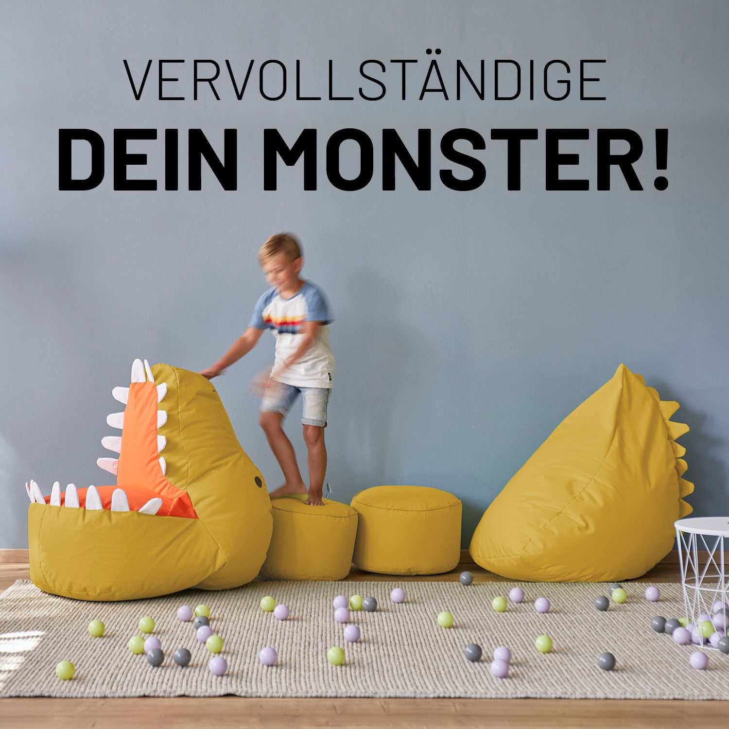 Kindersitzsack Animal Line Monster (180 L) in Senfgelb, kuschelig, wasserabweisend, für drinnen und draußen, robust und kindgerecht.