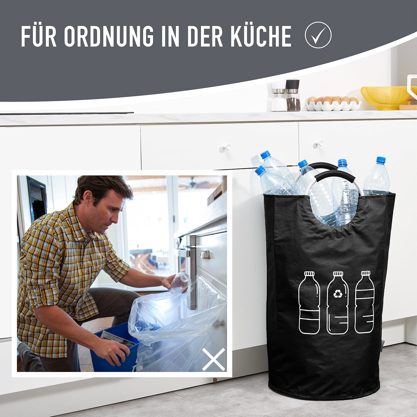Faltbarer Pfandflaschen Sammelbehälter - Grau, wasserabweisend, 82L Volumen, mit Henkel für einfaches Transportieren und platzsparendes Verstauen.