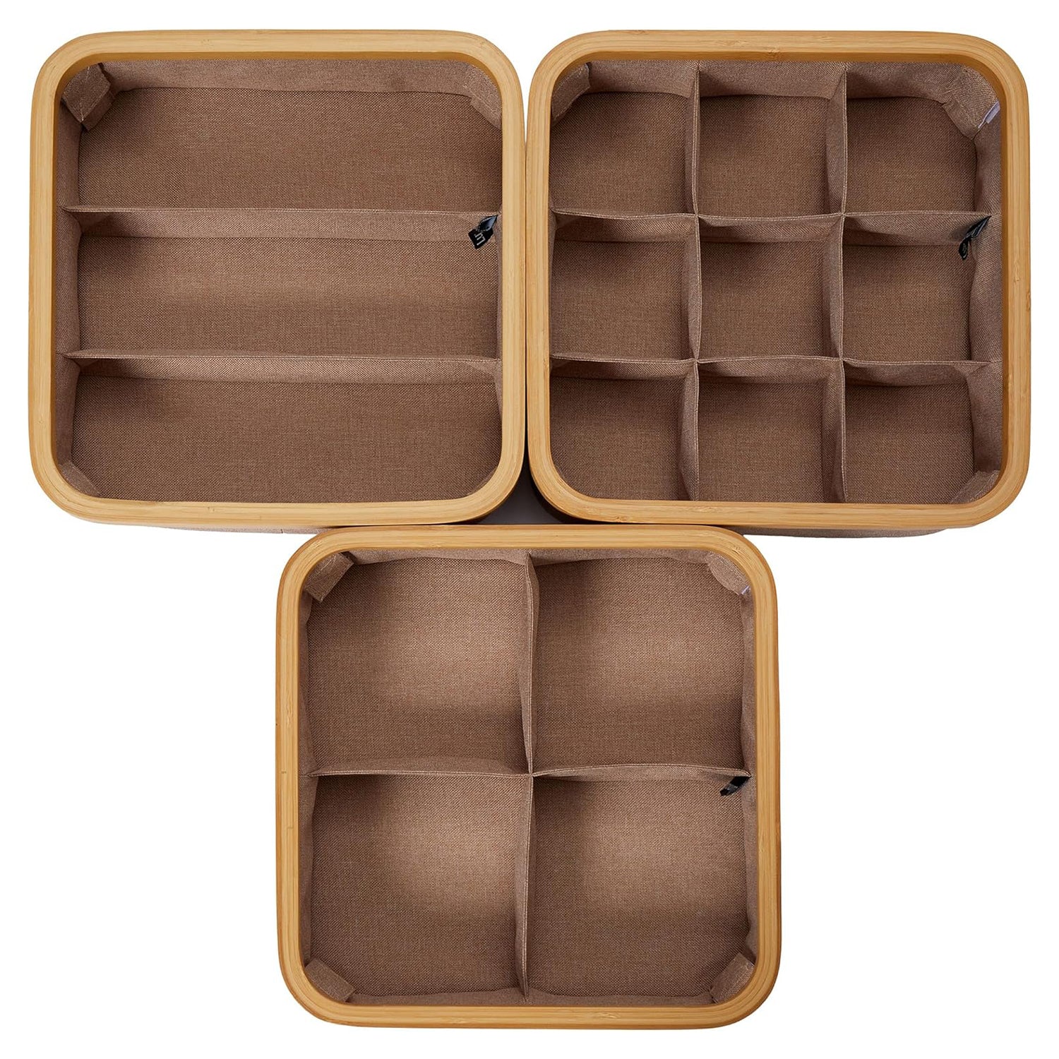 Organizer mit Bambus-Rahmen - 3er-Set in Taupe mit 3, 4 und 9 Fächern, faltbar und praktisch für vielseitige Aufbewahrung.