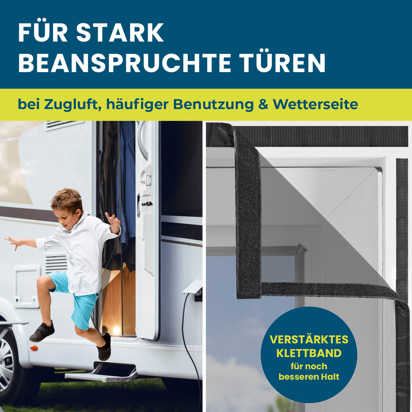 Insekten- & Pollenschutzvorhang für Wohnwagen 60x195 cm mit verstärktem Klettband für starken Halt bei stark beanspruchten Türen.