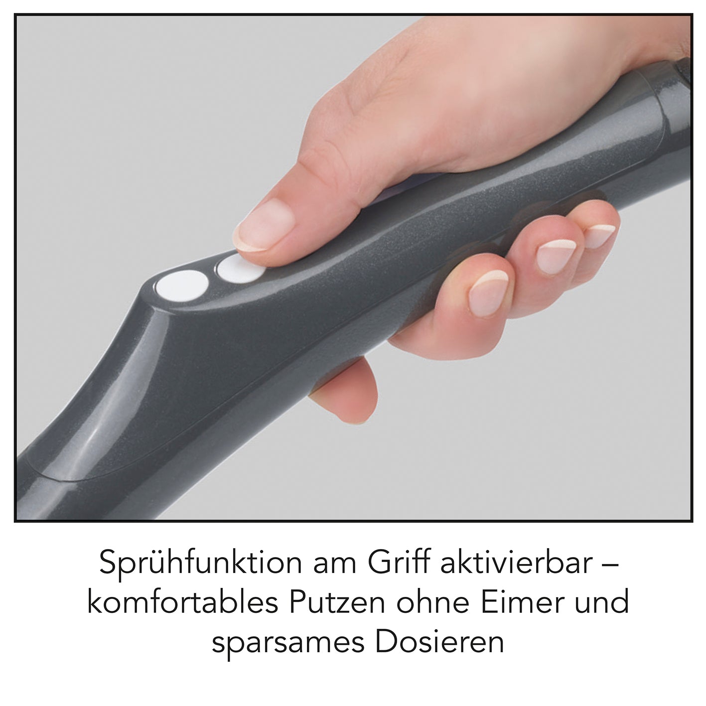 Akku-Vibrationsmopp mit Sprühfunktion - grau, Sprühfunktion am Griff für wischen ohne Eimer, kabellos und komfortabel.
