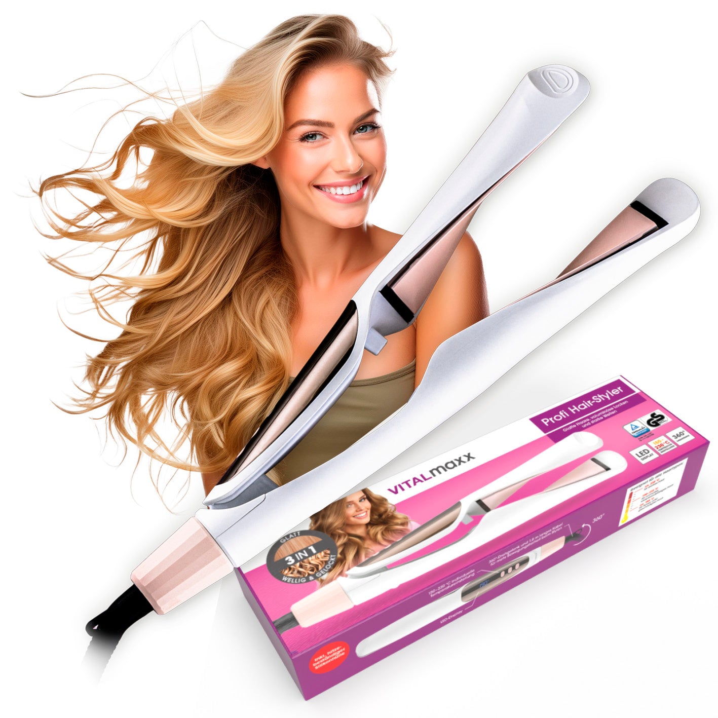 Profi Hair-Styler 3-in-1 Gerät für Glätten, Locken und Wellen mit einstellbarer Temperatur und ergonomischem Design.