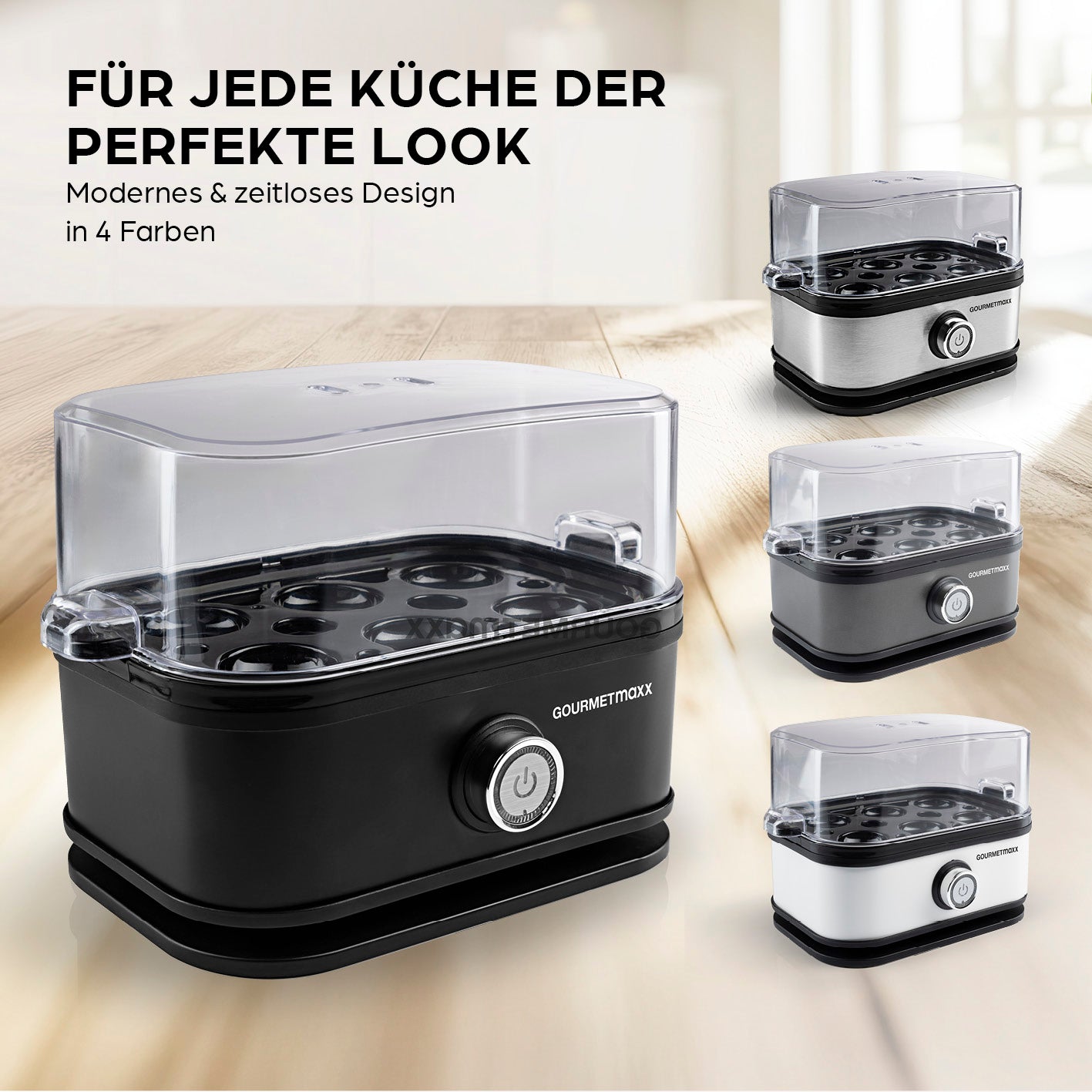 Design-Eierkocher 6 Eier - Schwarz elektrischer Eierkocher in modernem Design mit transparentem Deckel und einfachem Bedienknopf