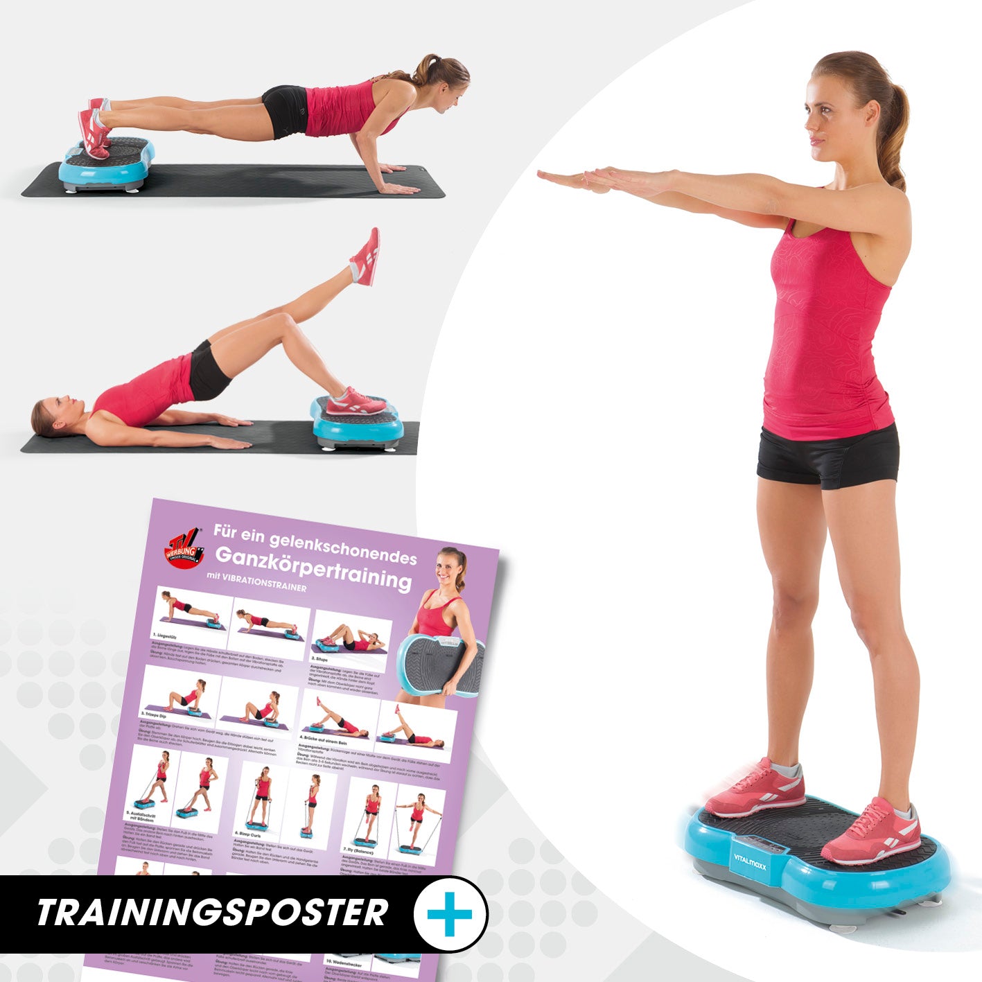 Vibrationstrainer - 4-tlg. - türkis mit Trainingsposter zur gelenkschonenden Ganzkörperübung und individuellen Vibrationsprogrammen.