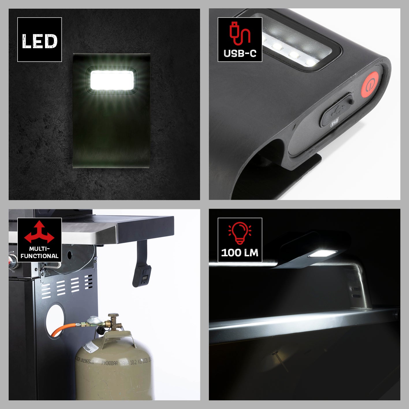 LED-Grilllampe mit magnetischer Befestigung, USB-C, 100 Lumen Licht, Timer-Funktion und bis zu 5 Stunden Leuchtdauer.
