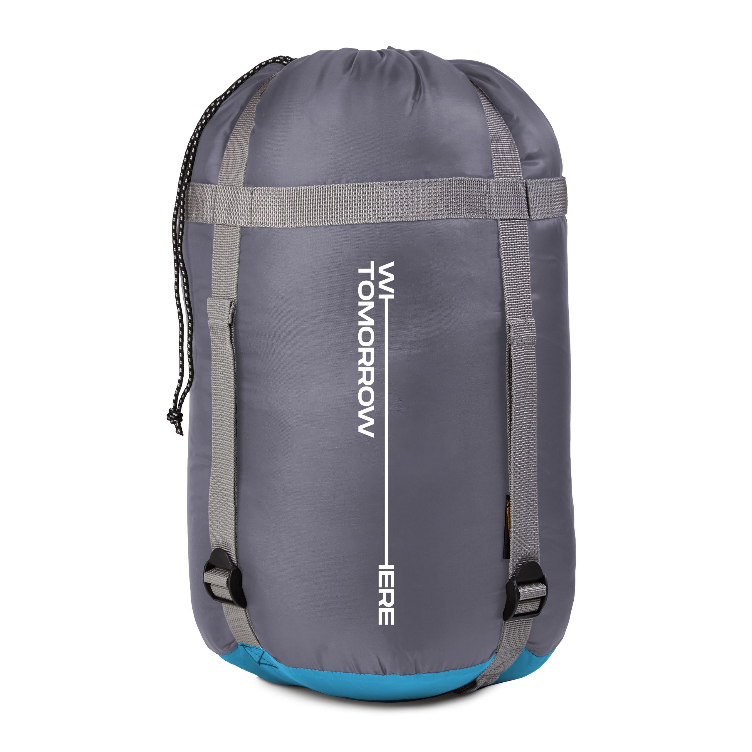 Camping Schlafsack Classic - Mumienschlafsack mit Tasche, kompakt verpackt in grau-türkis, ideal für Outdoor und Reisen.