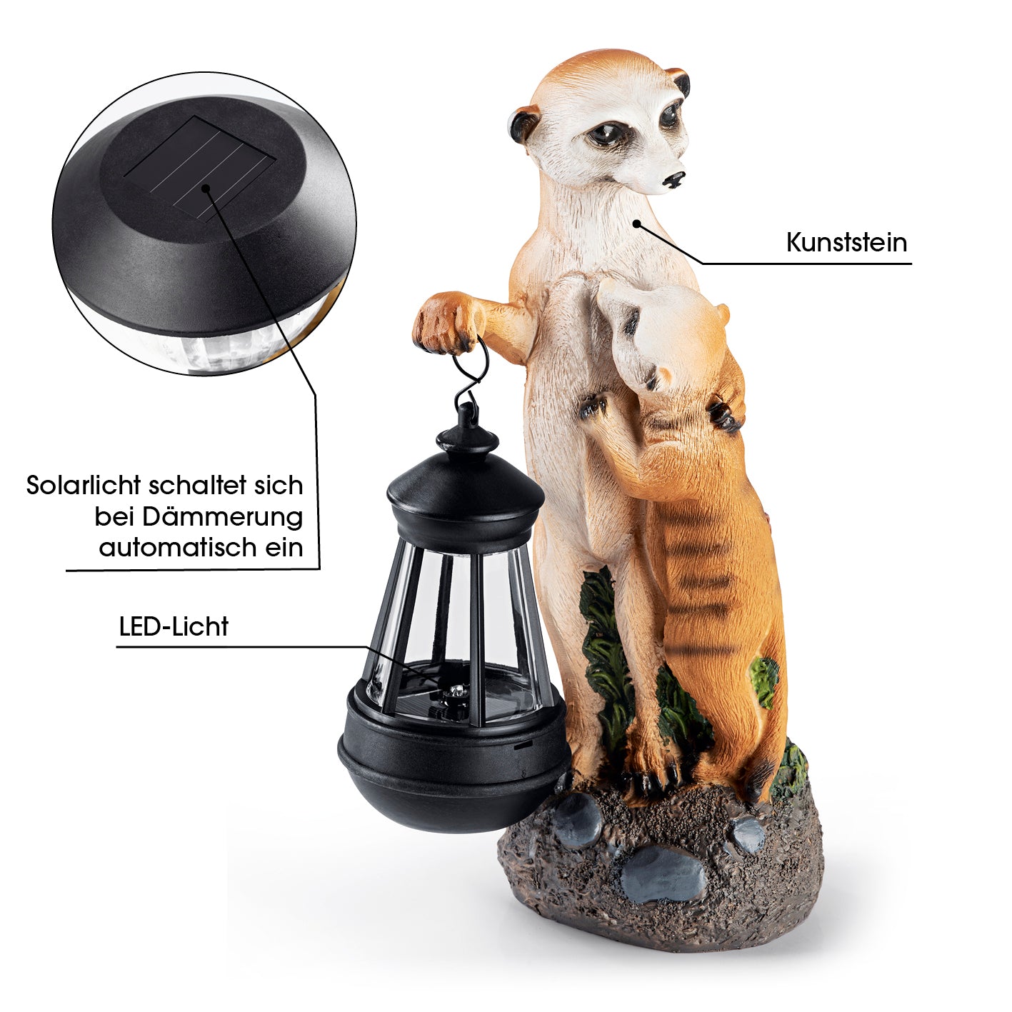 Solar-Erdmännchen-Familie handbemalte Solarleuchte mit LED-Licht und Dämmerungssensor aus Kunststein, kabellos und bis zu 8 Stunden leuchtend.