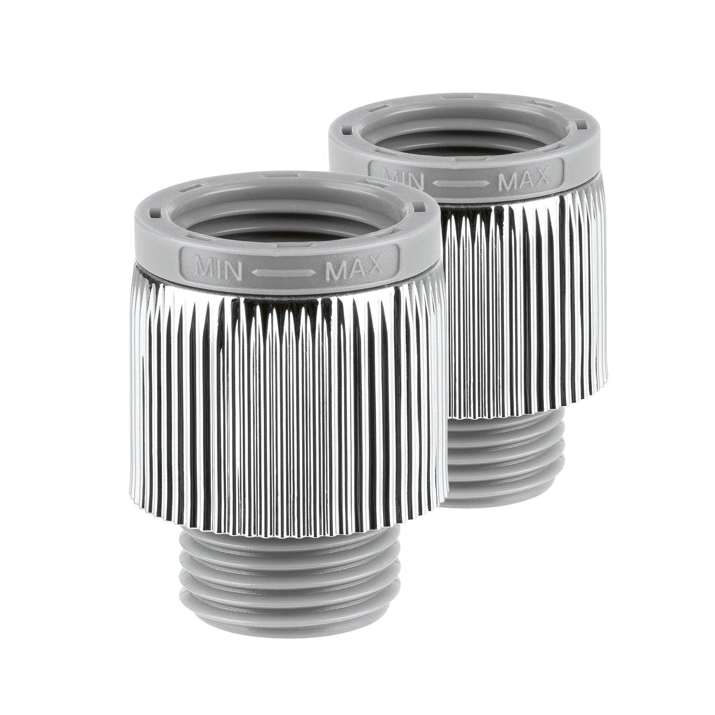 Einstellbarer Wassersparer für die Dusche - chromfarben - 2er-Set mit stufenlos regulierbarem Wasserdurchlauf und riffeliger Oberfläche.
