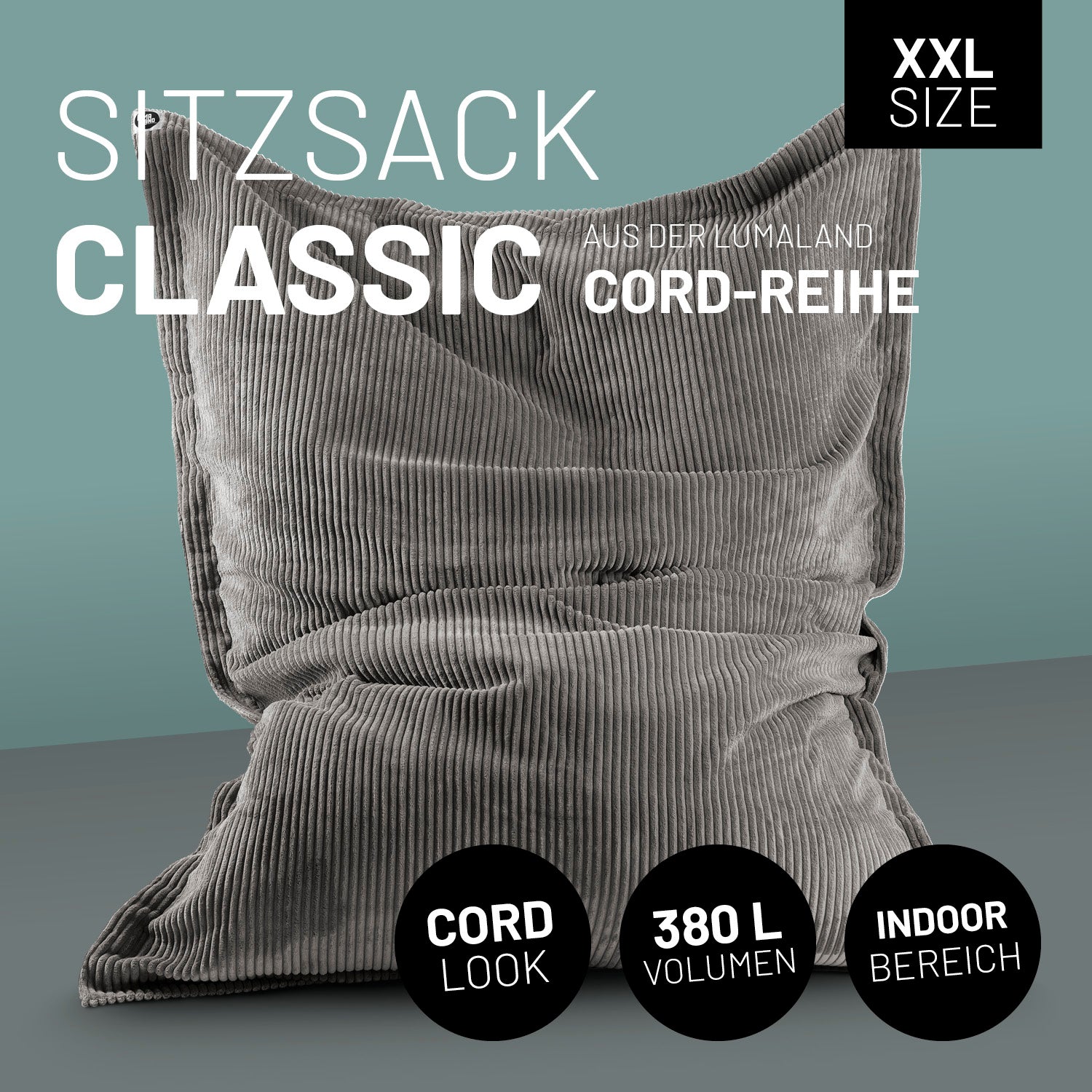 Sitzsack Classic XXL aus der LUMALAND Cord-Reihe - 380 L - 140 x 180 cm - Grau mit robustem Cordbezug und großem Volumen für Indoor-Bereich