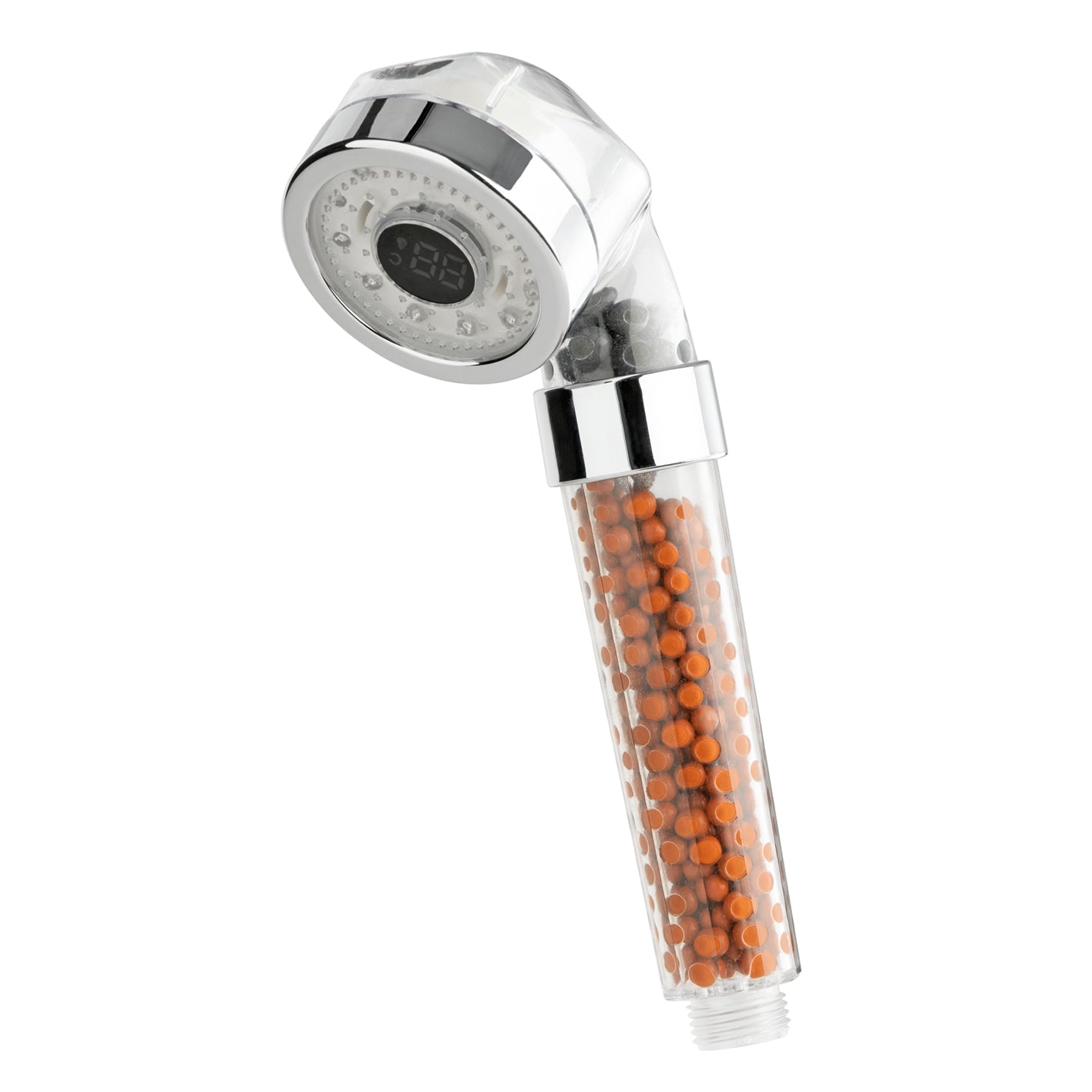 Duschkopf LED-Farbwechsel 6cm mit Mineralkugeln, digitales Temperaturnummern-Display und einfache Montage an Standardschlauch.