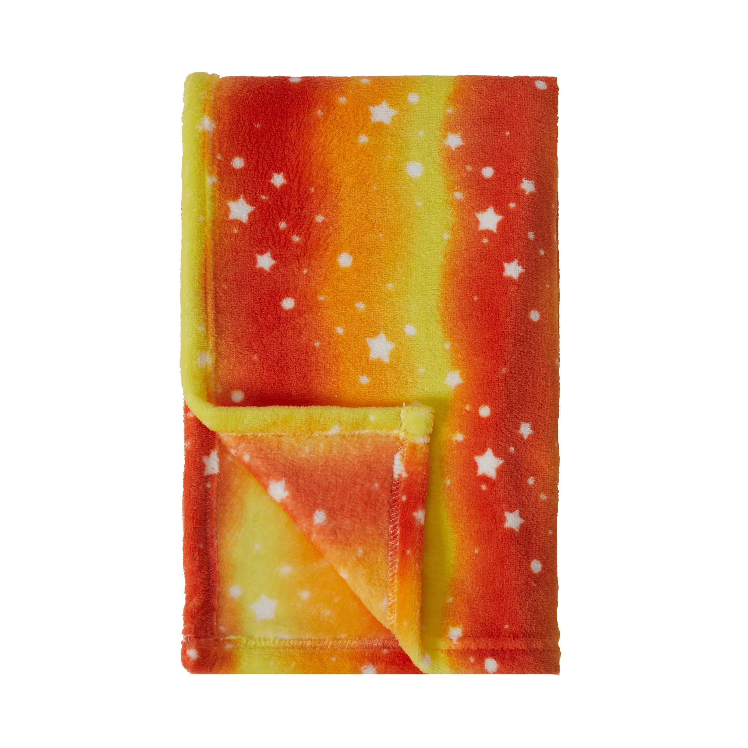 Kuscheldecke für Kinder - 75 x 100 cm - Orange Star aus weichem Coral-Fleece mit buntem Sternen-Regenbogen-Design, warm und hautfreundlich.