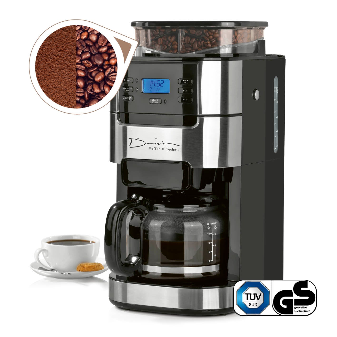 Kaffeemaschine mit Mahlwerk, digitale Bedienung, 24-Stunden-Timer, Glaskanne für 12 Tassen, permanenter Filter, frisch gemahlener Kaffee.