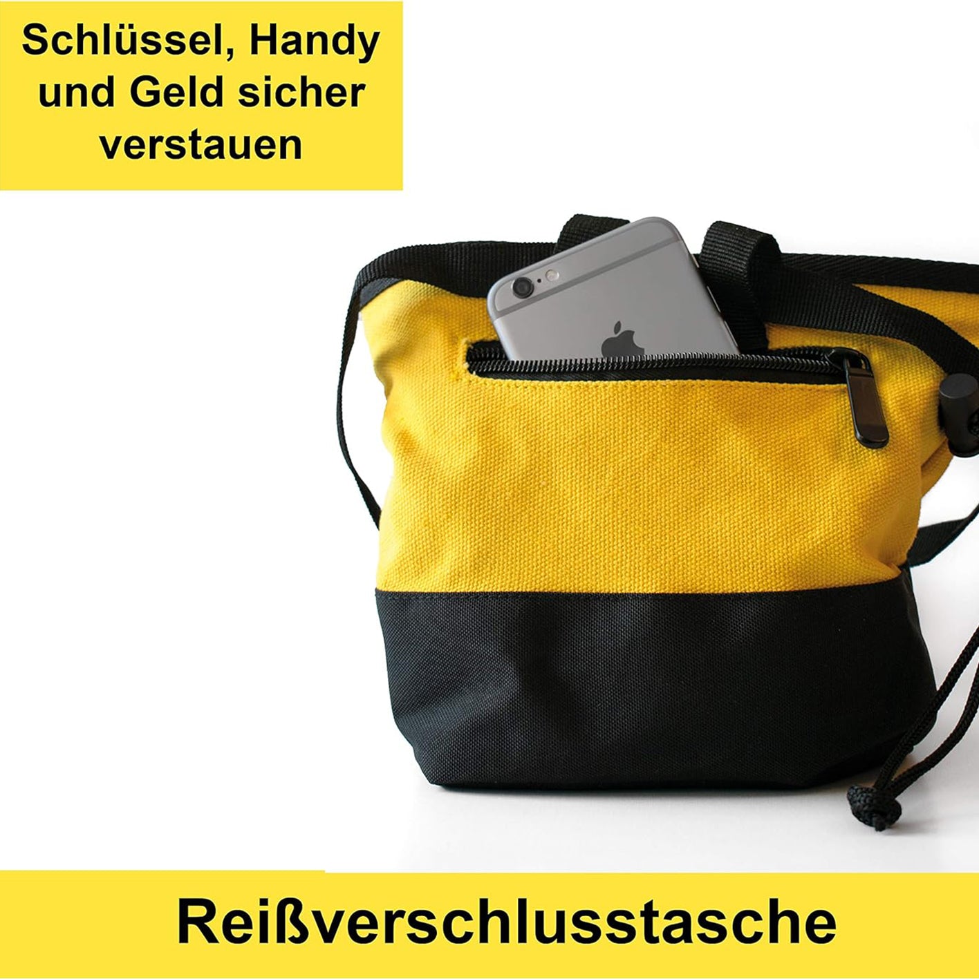 Kreidebeutel - Hüftgurt - Gelb mit sicher verschließbarer Reißverschlusstasche für Schlüssel, Handy und Geld beim Klettern.
