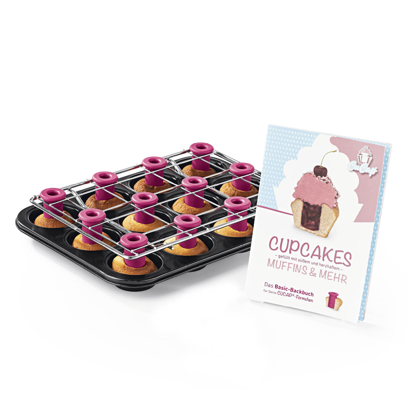CuCap Back-Set für Cupcakes, Muffins & Mehr mit praktischer Zentrierhilfe und Rezeptbuch, erleichtert das Backen und Füllen.