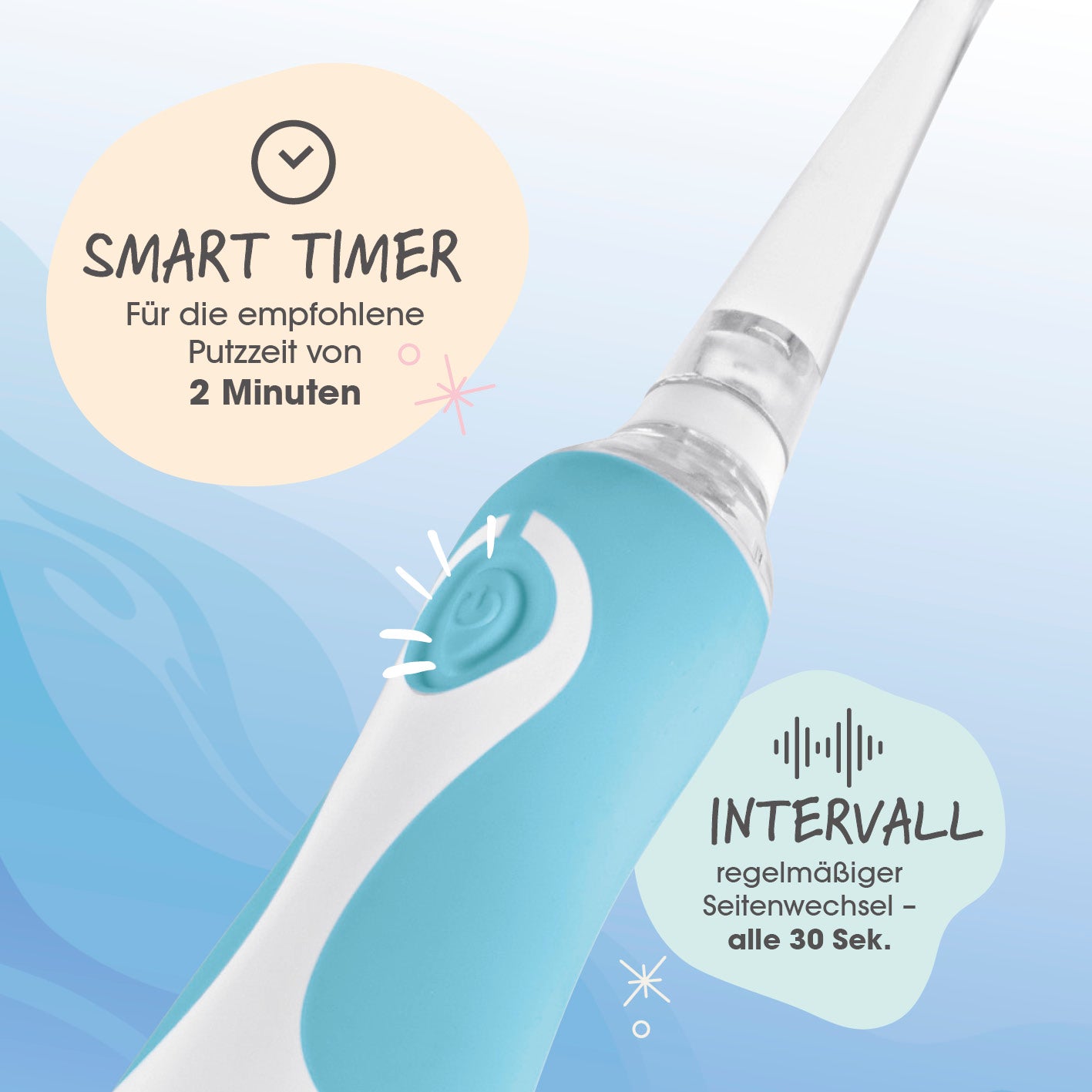 Elektrische Kinder-Zahnbürste mit Smart Timer Blau/Weiß für 2 Minuten Putzzeit und 30 Sekunden Intervall für sichere Zahnpflege ab 6 Monaten.