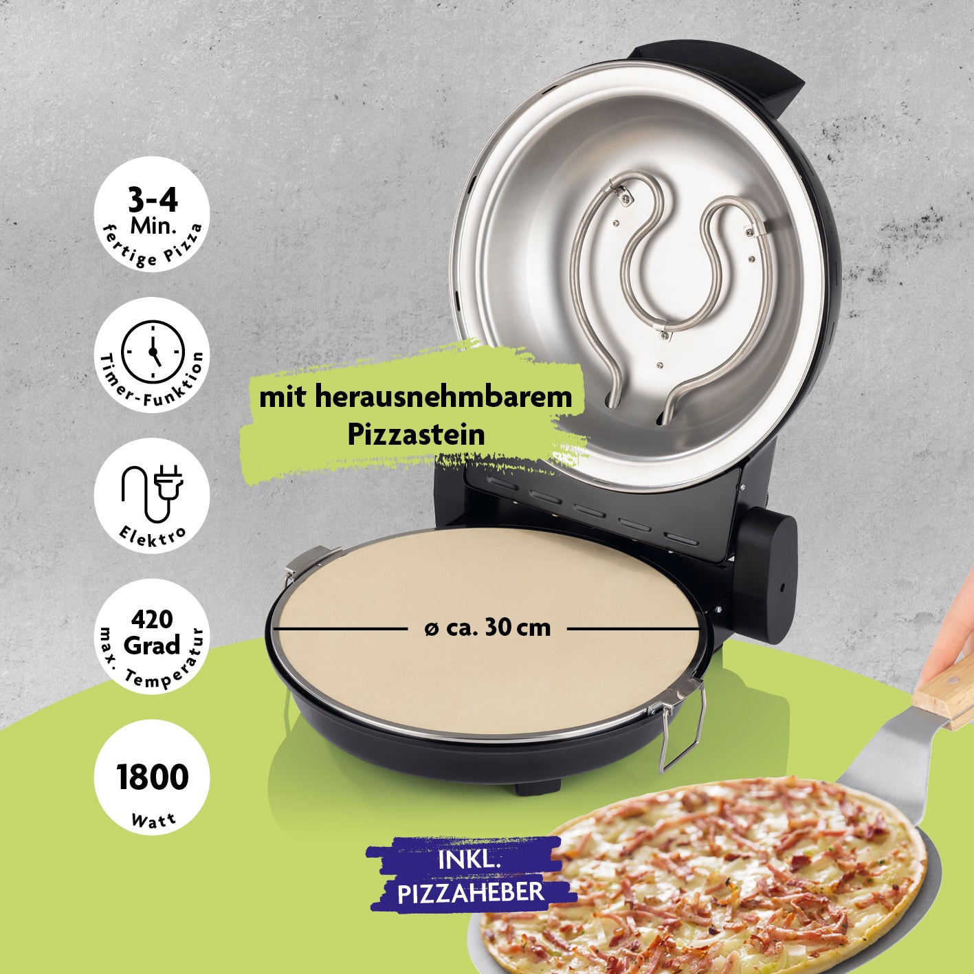 Pizza Maker inkl. herausnehmbarem Pizzastein & Pizza-Heber, elektrischer Ofen für knusprige Pizza in 3–4 Minuten.