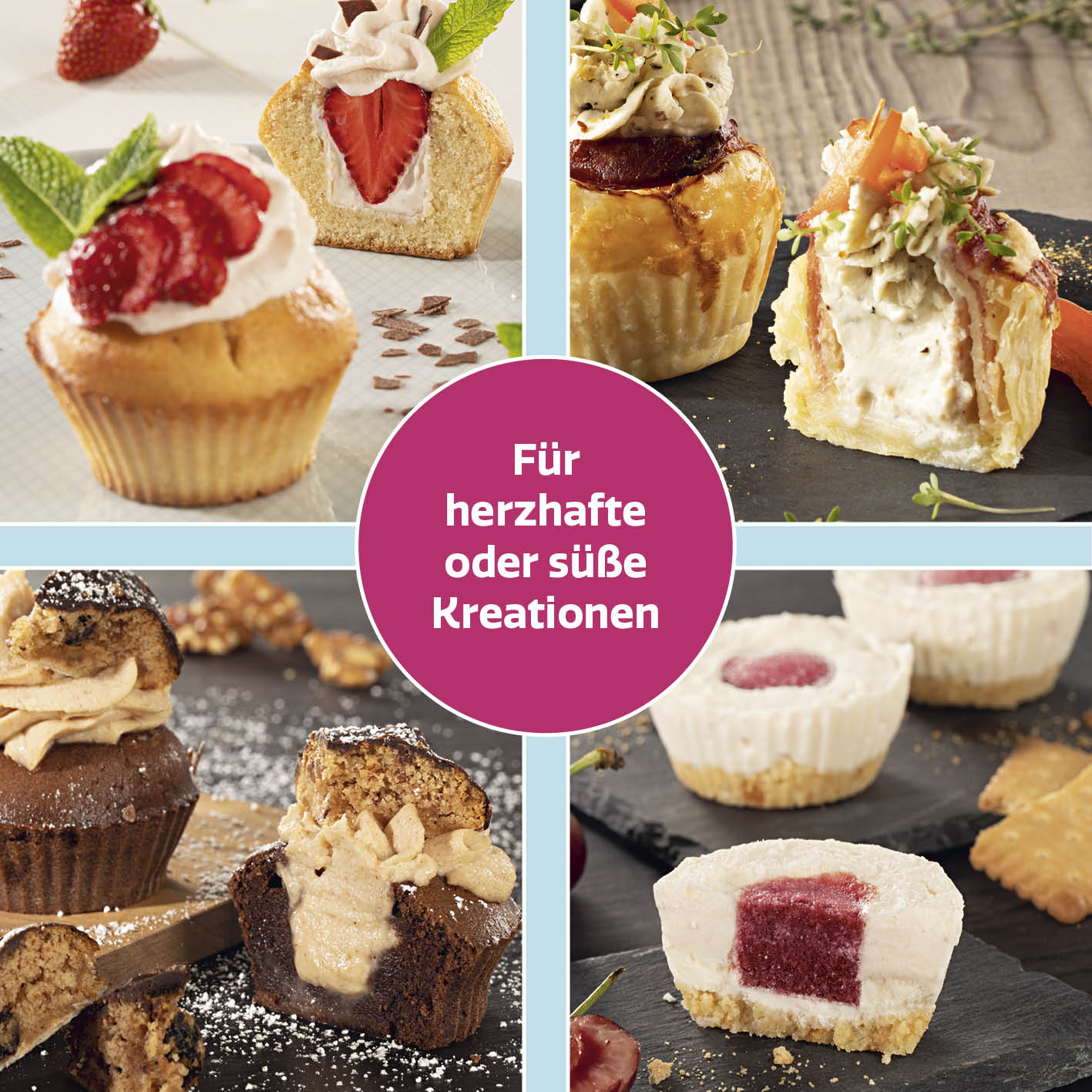 Backblech mit Zentrierhilfe für Muffins & Cupcakes zum gleichmäßigen Backen und Füllen von süßen und herzhaften Küchlein.