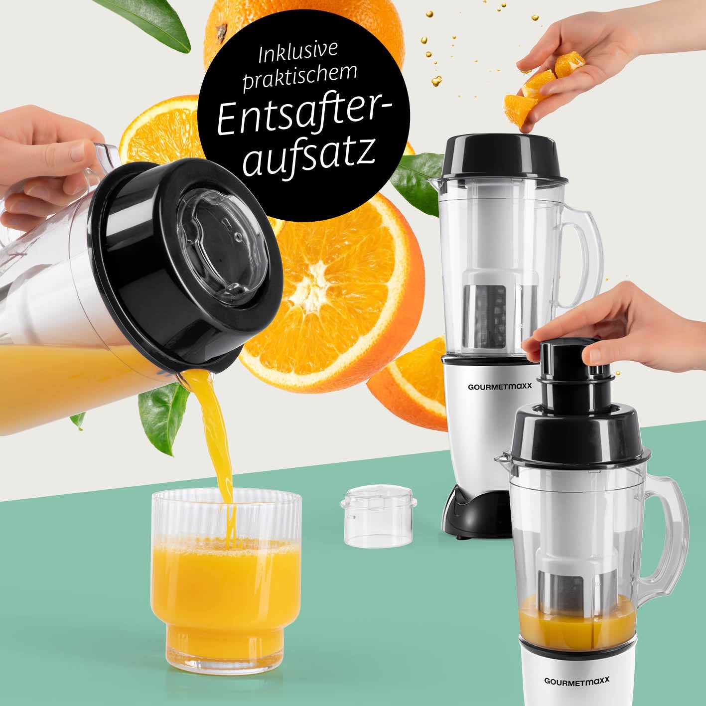 Mr. Magic Power 400 Pro mit Zubehörset XL - Silber/Schwarz zeigt Entsafteraufsatz zum frischen Orangensaft pressen.