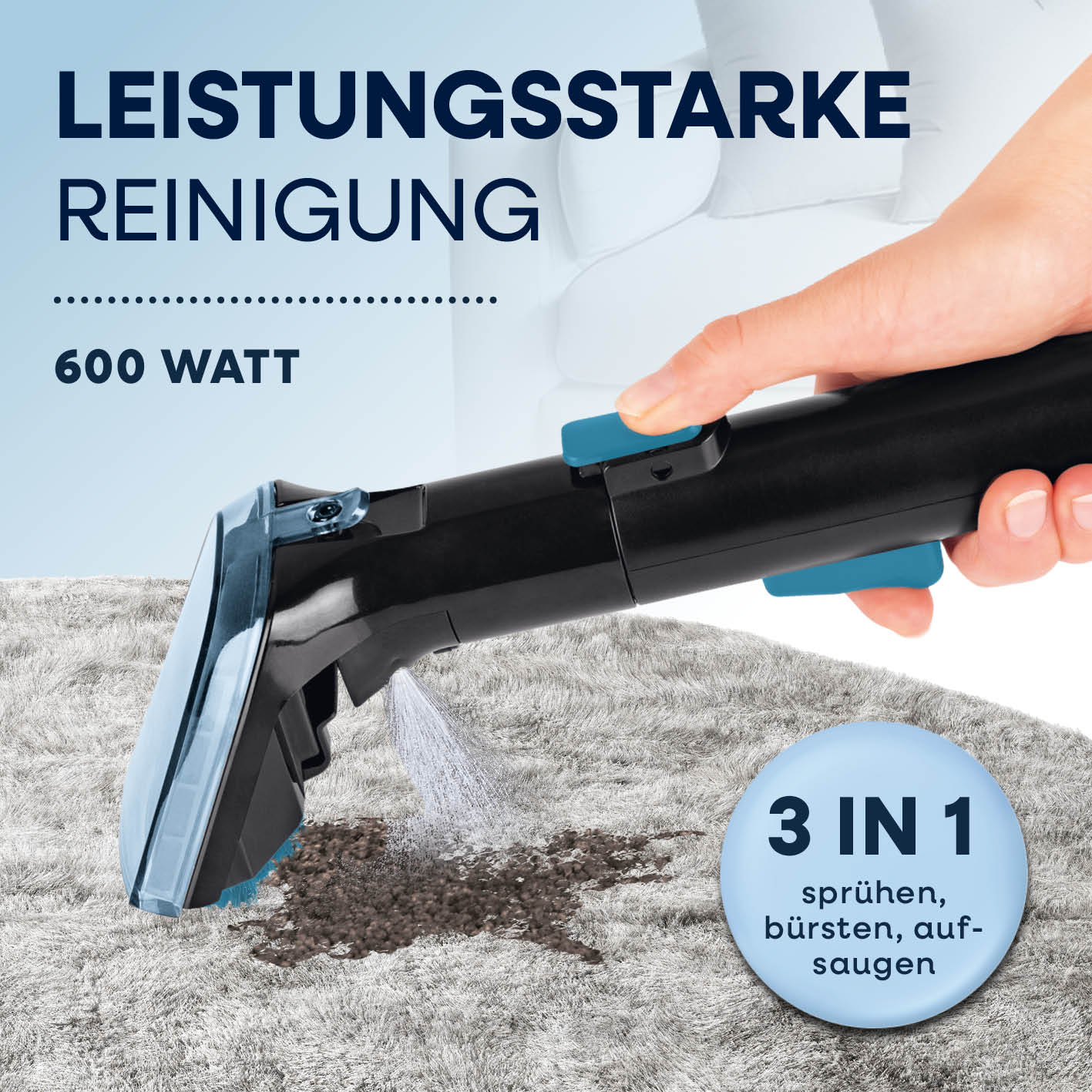 Polster- & Teppichreiniger Pro Power - Grau/Blau reinigt stark mit 600 Watt, sprüht, bürstet und saugt Flecken aus Teppichen.