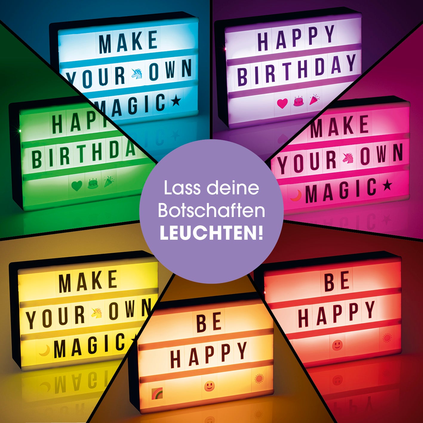 LED-Leuchtkasten A5 - 173 Buchstaben & 150 Emojis mit Farbwechsel und Timerfunktion für individuelle Textbotschaften und Deko.