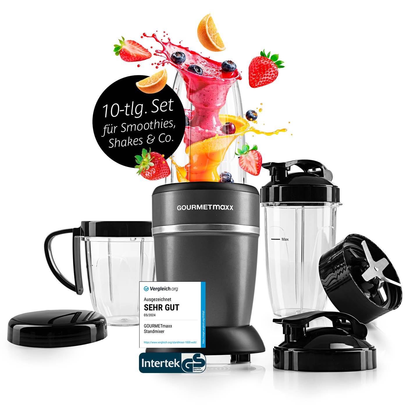 Nutrition Mixer Pro 1.000 mit Zubehörset L - Anthrazit/Schwarz, vielseitiger Mixer mit 10-teiligem Set für Smoothies und Shakes.