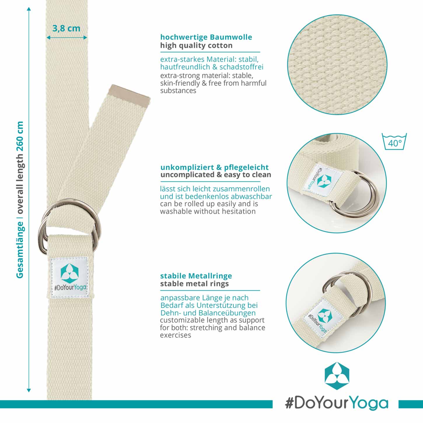 Yogagurt Madira - 100% Baumwolle - 250 x 3,8 cm - Beige, stabil, hautfreundlich, waschbar bis 40 Grad, mit Metallringen für Yogaübungen.