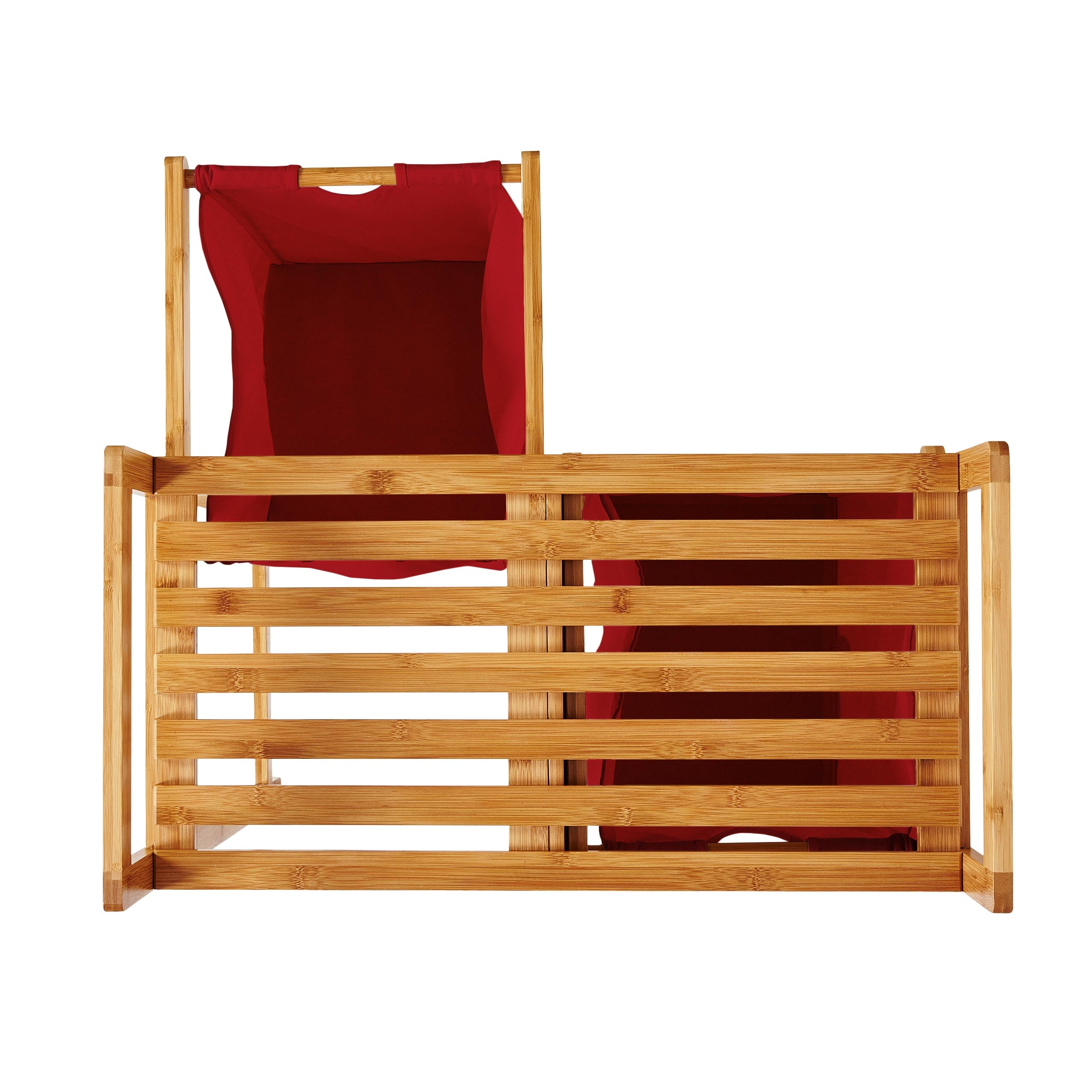 Bambus Wäschekorb mit 2 ausziehbaren roten Wäschesäcken, 73x64x33 cm, stilvoll und platzsparend für Wäschesortierung.