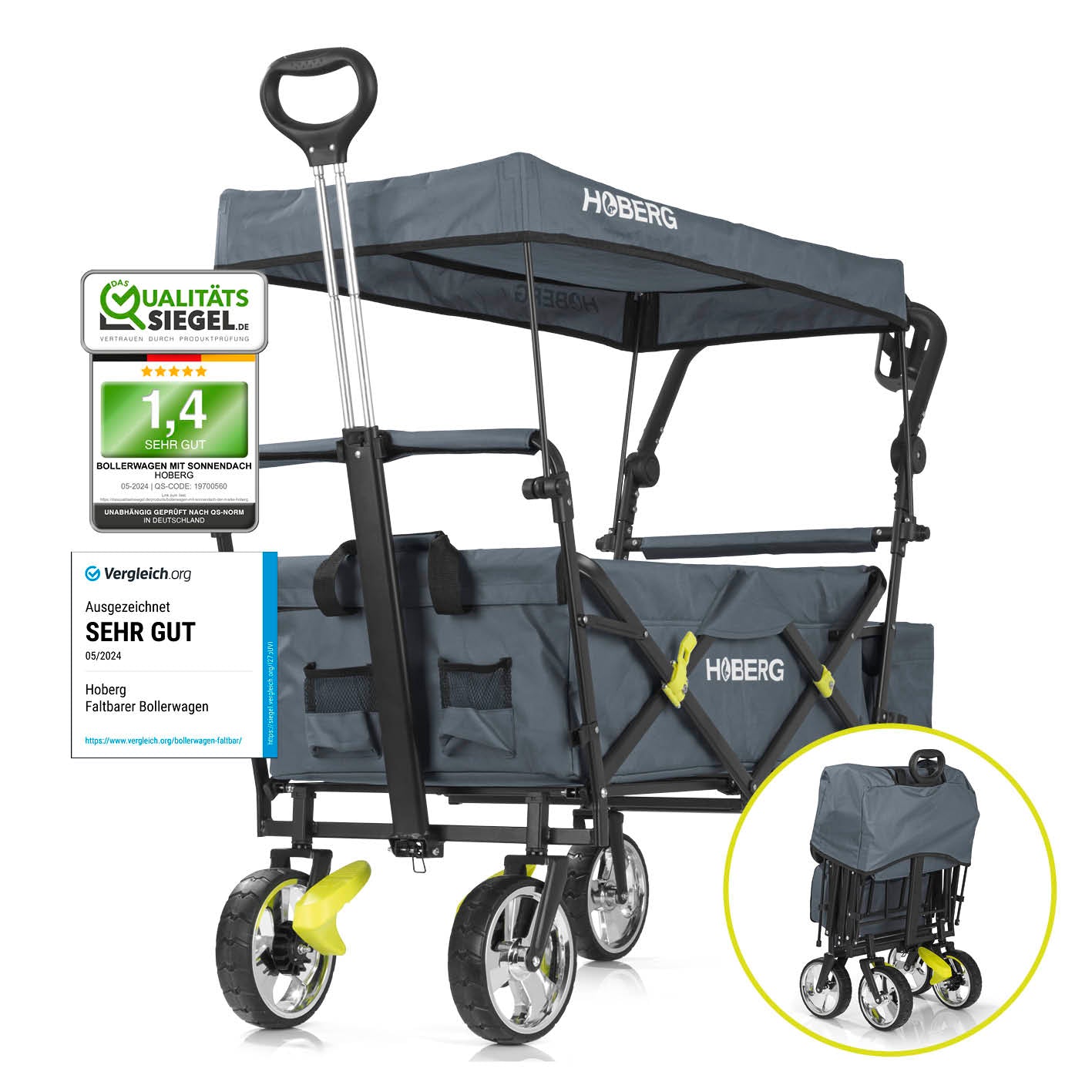 Faltbarer Bollerwagen - Grau mit wasserfestem Dach, stabiler Konstruktion, 360°-Rädern und praktischem Klappmechanismus von HOBERG.