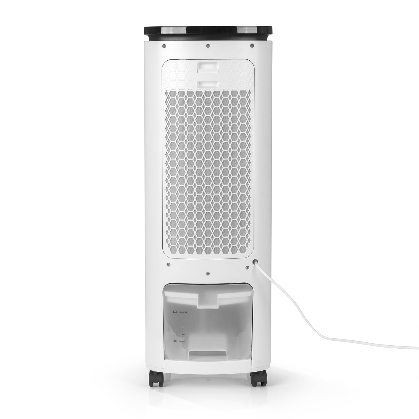 Luftkühler mit Peltier-Element in Weiß, mit Wasserbehälter, Rollen und Kabel für einfache Handhabung und flexible Nutzung.
