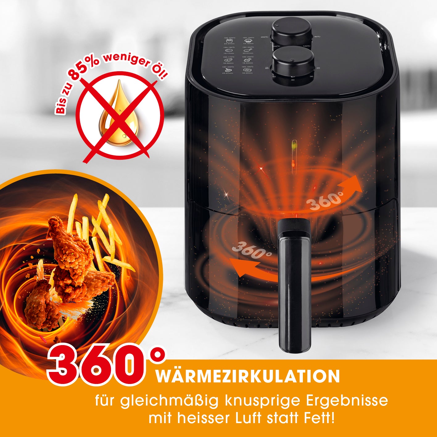 Heißluft-Fritteuse Mechanisch 3,6l - Schwarz mit 360° Wärme zirkulation für fettarme, knusprige Zubereitung von Pommes und Snacks.