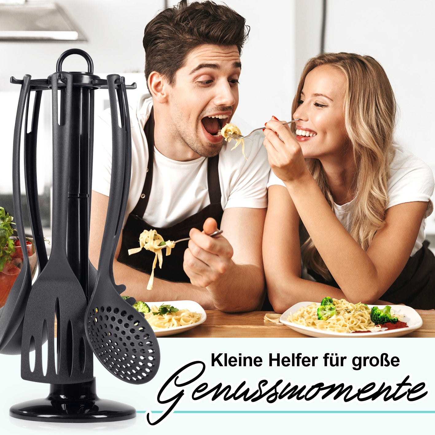 Küchenhelfer-Set mit praktischem Ständer - 7-teilig, hitzebeständig, pfannenschonend, inklusive Ständer für ordentliche Aufbewahrung.