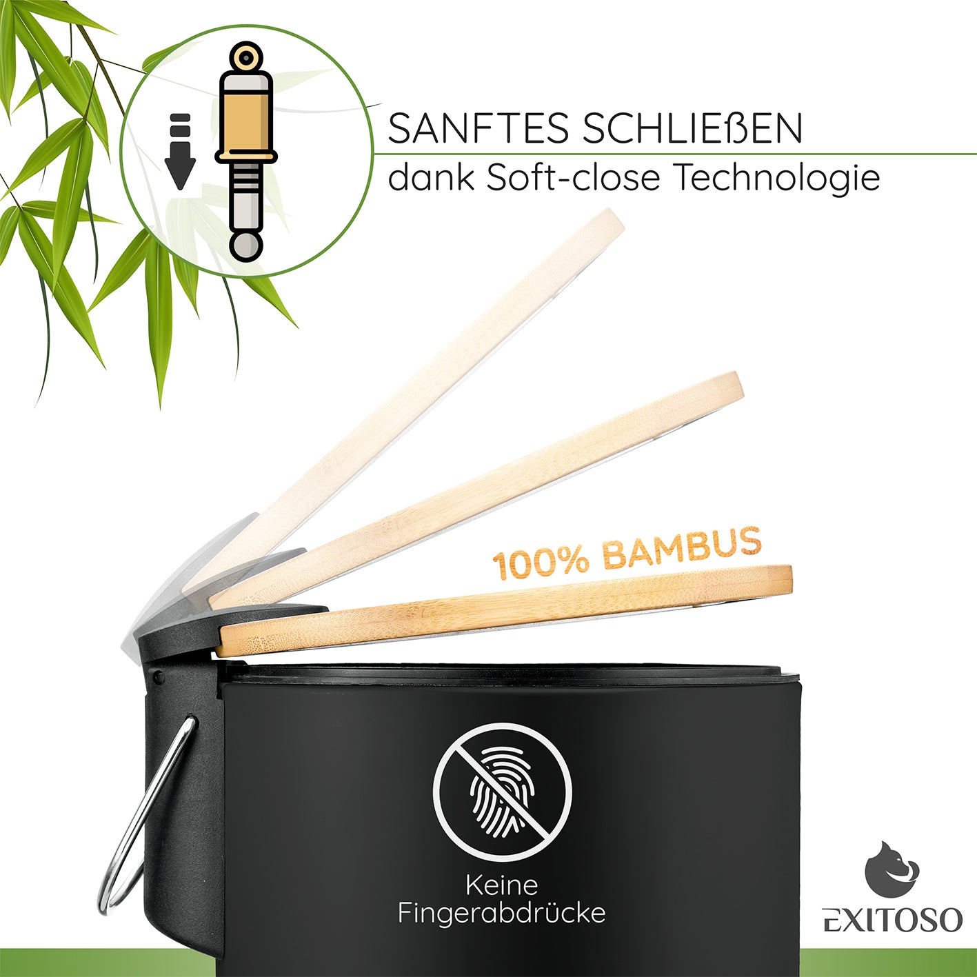 Tretmülleimer mit Softclose-Deckel - 3 l - Schwarz, geräuschloses Schließen mit Bambusdeckel und fingerabdruckfreiem Edelstahlgehäuse.