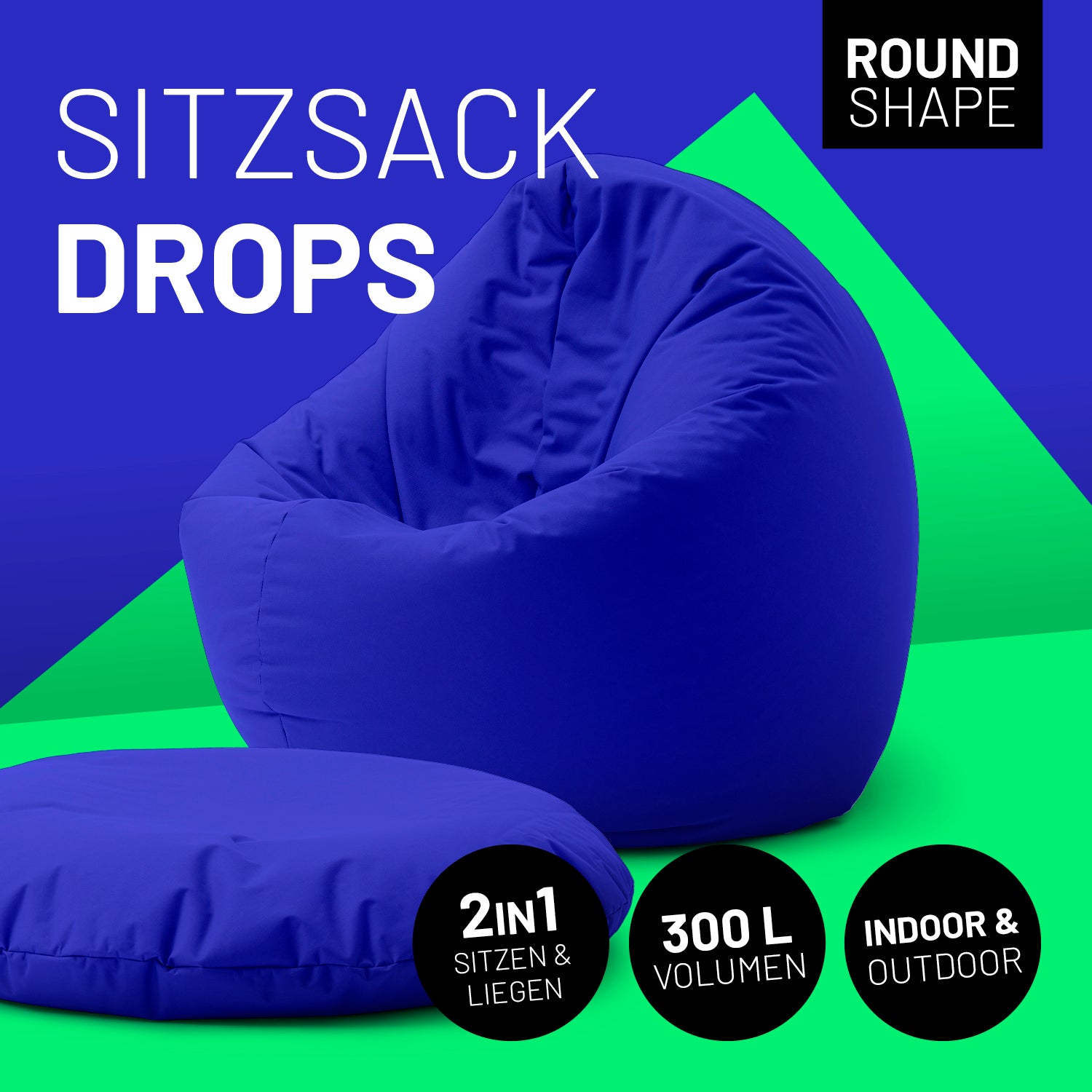 Sitzsack Drops (300 L) Royalblau, 2in1 Sitz- und Liegemöglichkeit, indoor & outdoor, langlebig, pflegeleicht, mit extrastarken Nähten.