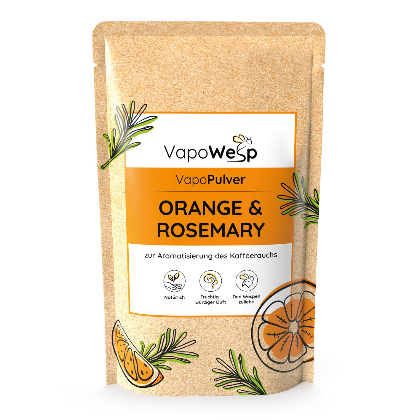 Pulver-Set Orange & Rosemary + Lemon & Basil + Hay Flowers & Thyme + Apple & Mint (je 100 g) für aromatischen Kaffeeduft in VapoWesp Räucherbox.