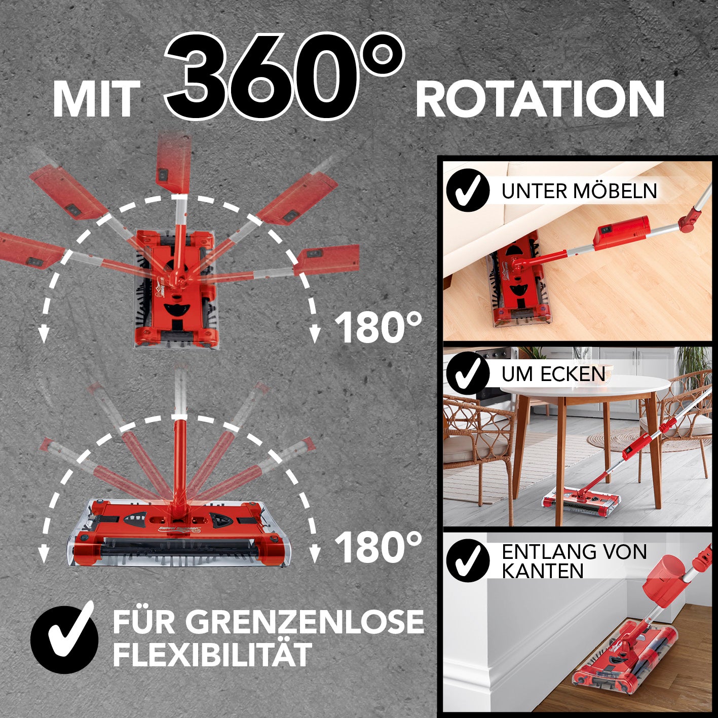 Swivel Sweeper G 2 Akkubesen kabellos - Rot mit 360 Grad Rotation für flexible Reinigung unter Möbeln, Ecken und Kanten.
