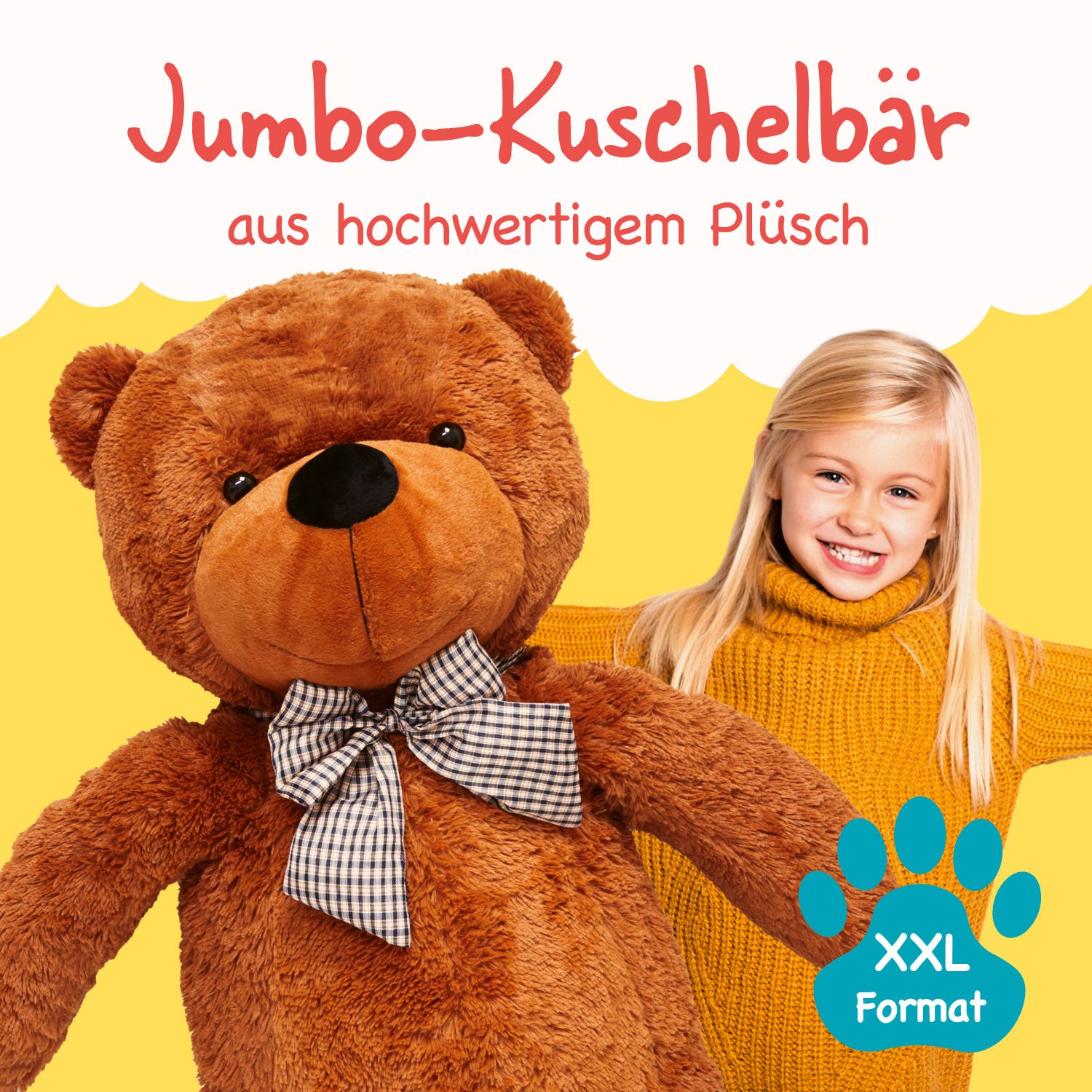 XXL-Teddy mit Knopfaugen 120 cm braun aus hochwertigem Plüsch mit Schleife und flauschigem Fell ideal zum Kuscheln und Spielen
