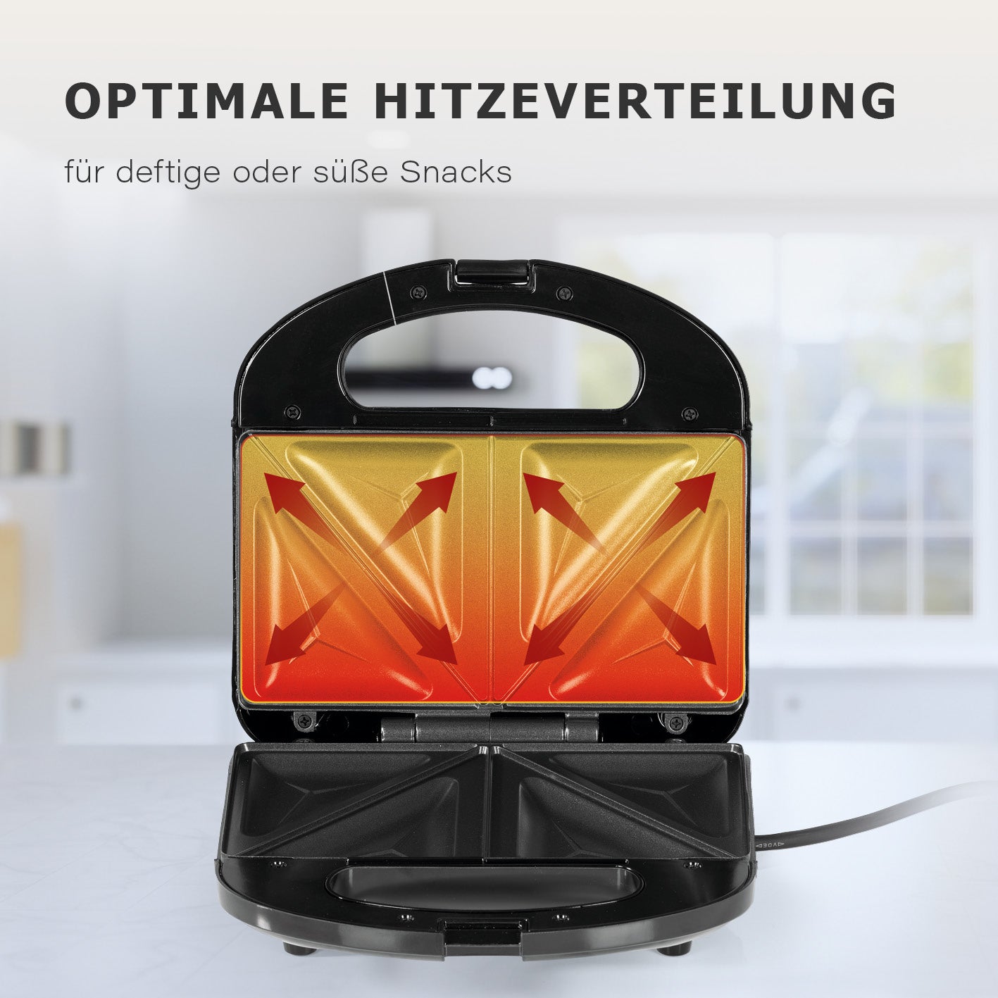 Sandwich Maker mit LED-Kontrollleuchte zeigt optimale Hitzeverteilung für gleichmäßiges Toasten von zwei Sandwiches gleichzeitig.