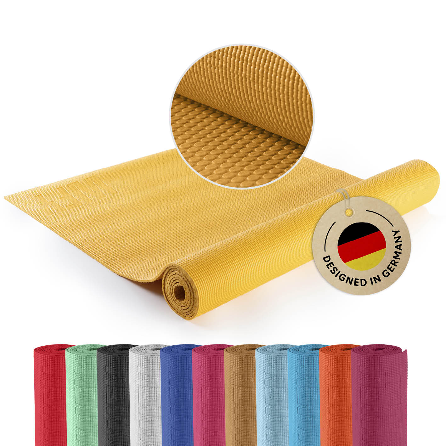 Yogamatte Kirana - 183 x 61 x 0,4 cm - Curry, rutschfest, weich, pflegeleicht, flexibler ECO-PVC Fitness- und Pilatesboden.