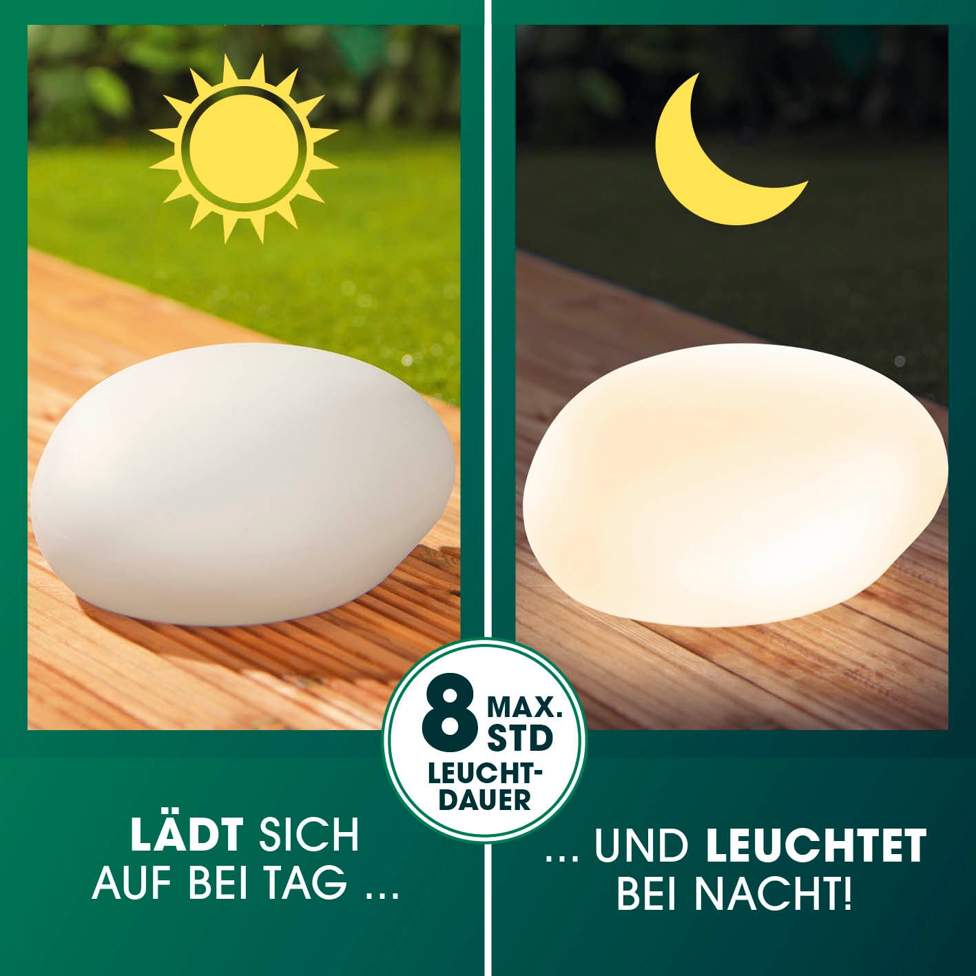 Solar-Leuchte Stein mit Farbwechsel - 2er-Set lädt tagsüber auf und leuchtet nachts bis zu 8 Stunden in wechselnden Farben.