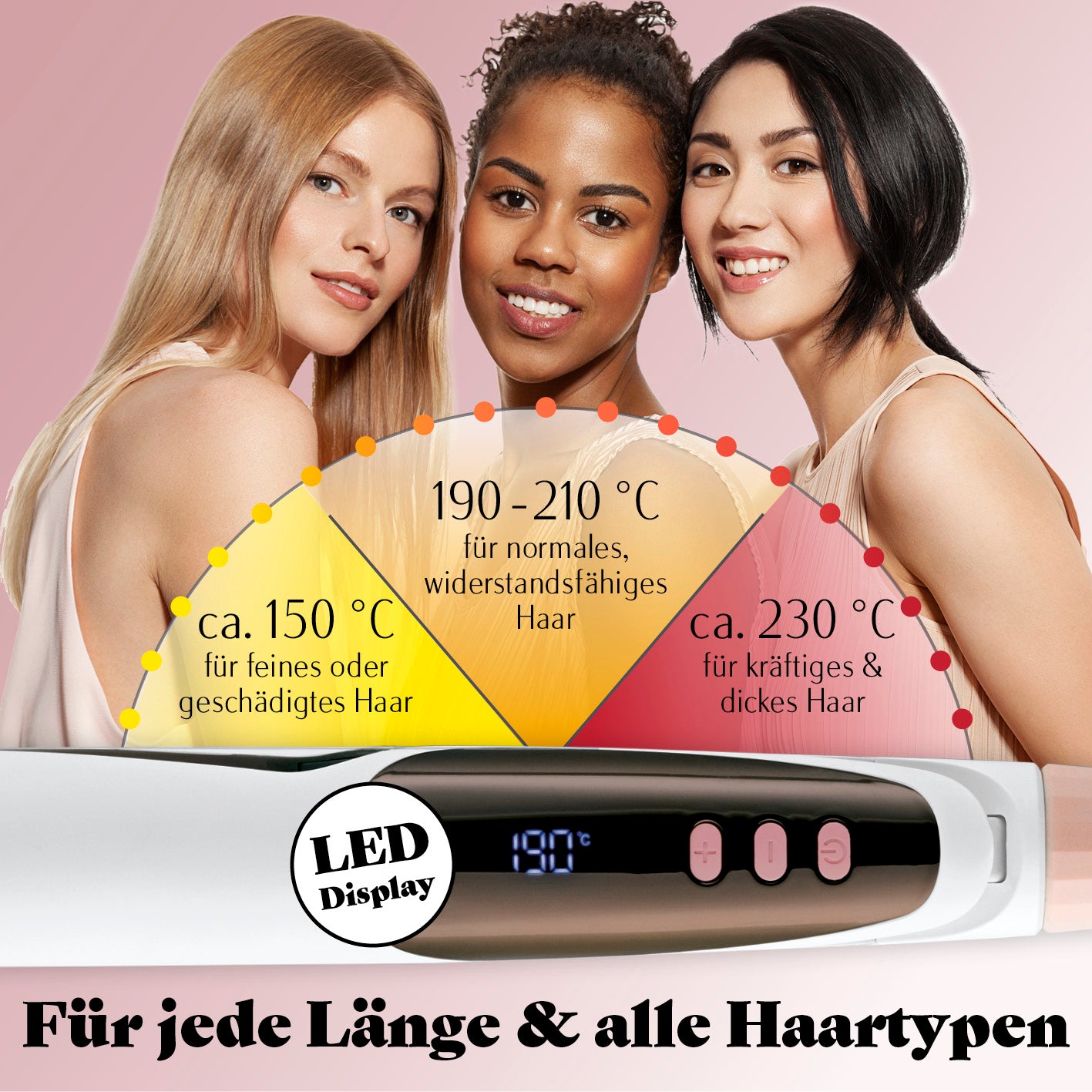 Profi Hair-Styler mit LED-Display zeigt Temperaturbereiche 150–230 °C für alle Haartypen und -längen zur perfekten Stylinganpassung.