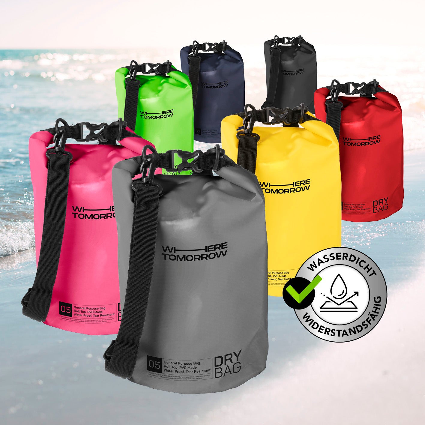 Dry Bag 5L - Style 01 - Grau wasserdichter Outdoor-Rucksack mit verstellbarem Schultergurt und robustem Rolltop-Verschluss für Abenteuer.