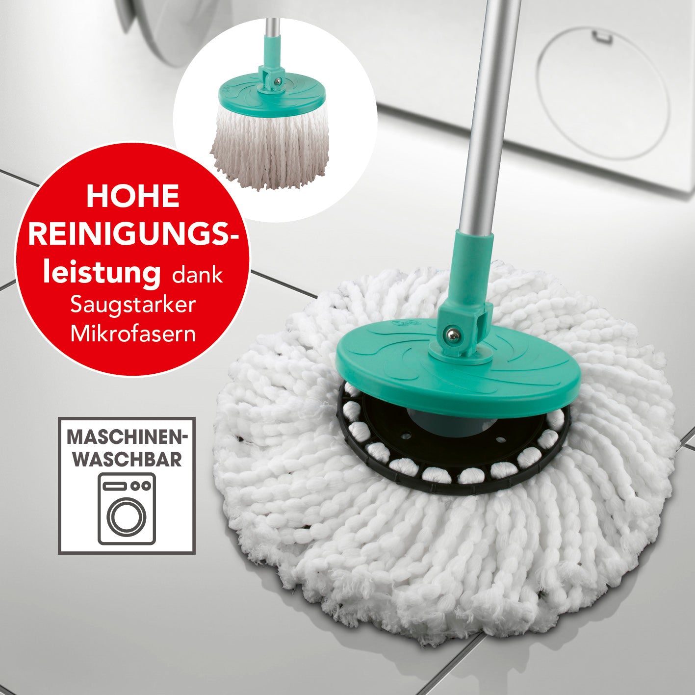 Power-Wischmopp - Zwei-Kammer-Filtersystem - türkis mit maschinenwaschbarem Moppaufsatz und saugstarken Mikrofasern für effiziente Reinigung.