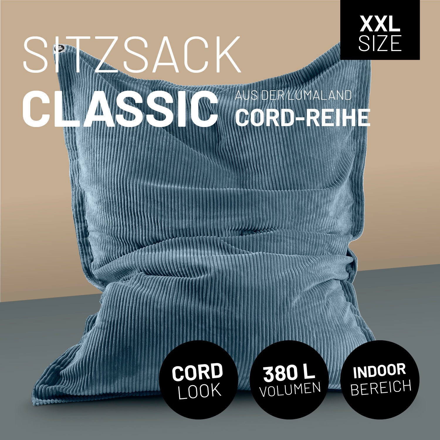 Sitzsack Classic XXL aus der LUMALAND Cord-Reihe - 380 L - 140 x 180 cm - Blau mit weichem Cordbezug und XXL-Volumen für drinnen.