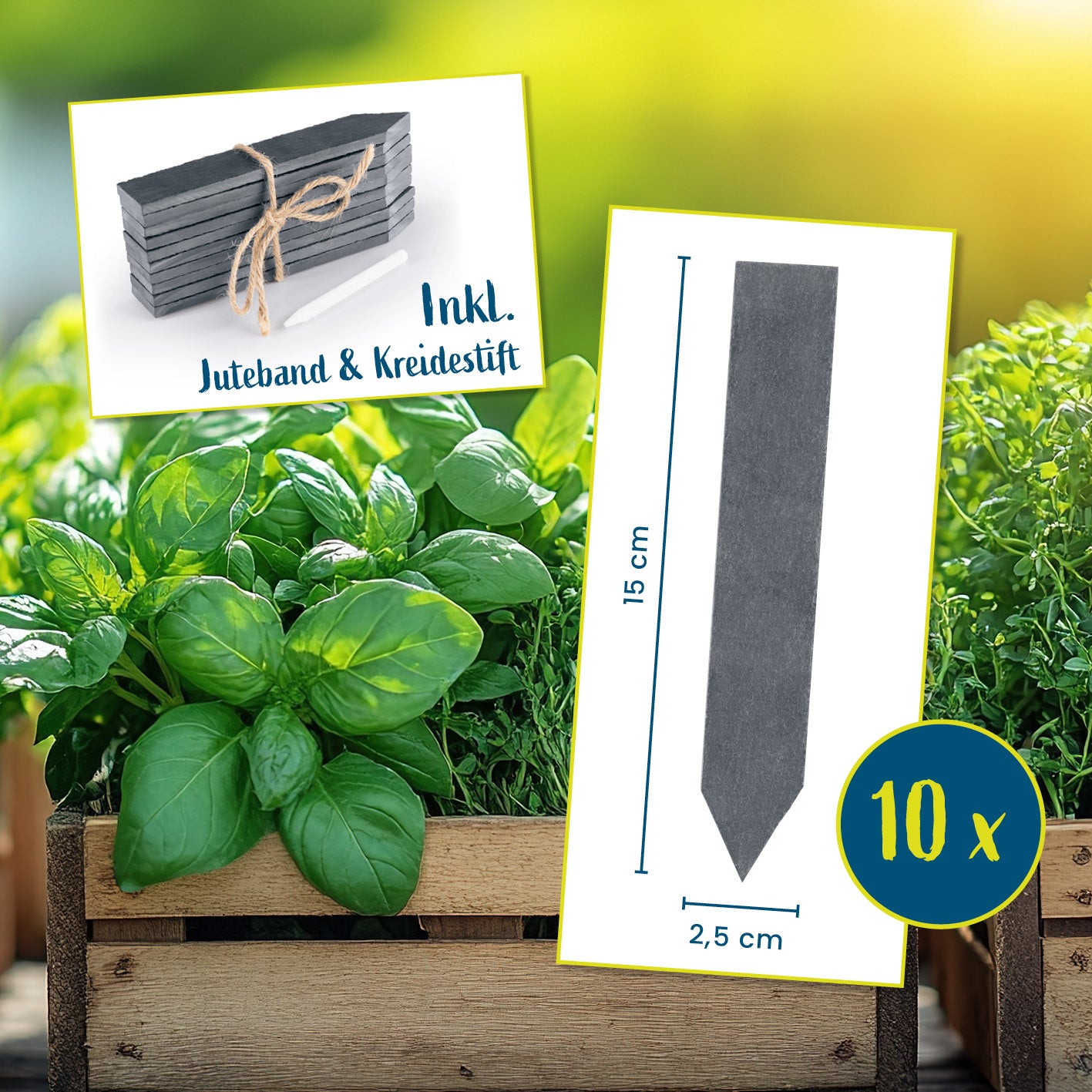 Schiefer-Pflanzschilder 10er-Set - 15 x 2,5 cm mit Kreidestift und Juteband zum individuellen Beschriften und Kennzeichnen von Pflanzen.