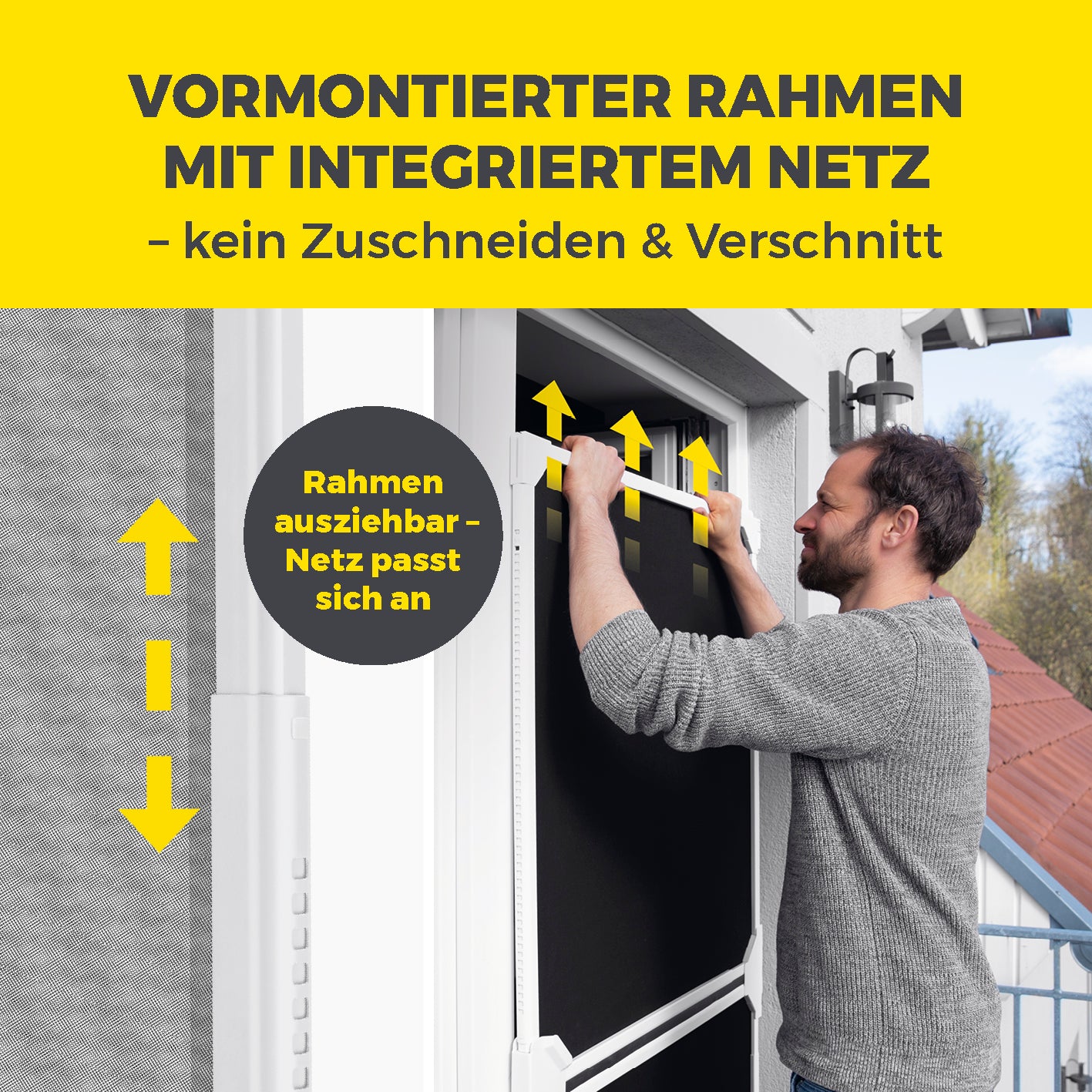 Teleskop-Insektenschutzgitter Schwingtür - Weiß mit vormontiertem Rahmen und integriertem Netz, einfach ausziehbar, kein Zuschneiden nötig.
