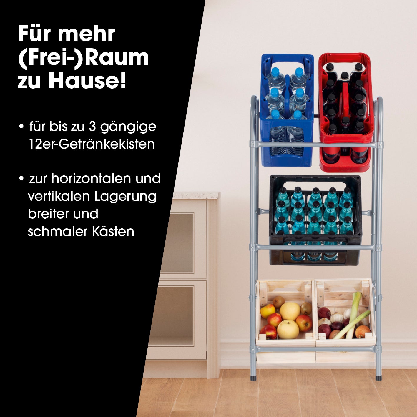 Metall Getränkekisten-Regal für 3 Kisten 127x50x34 cm zur horizontalen und vertikalen Lagerung von breiten und schmalen Kästen.