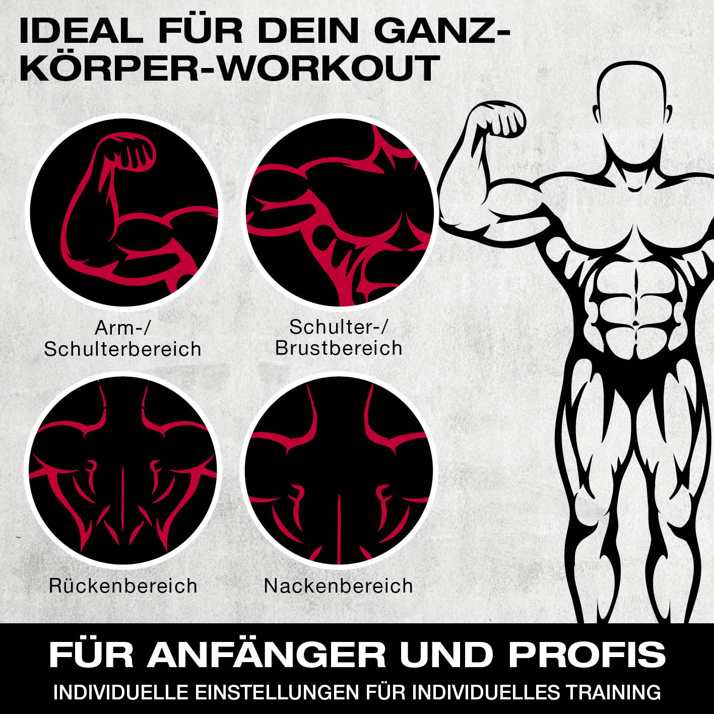 Multifunktionshantel zeigt Trainingsbereiche für Arme, Schultern, Brust, Rücken und Nacken – ideal für Anfänger und Profis.