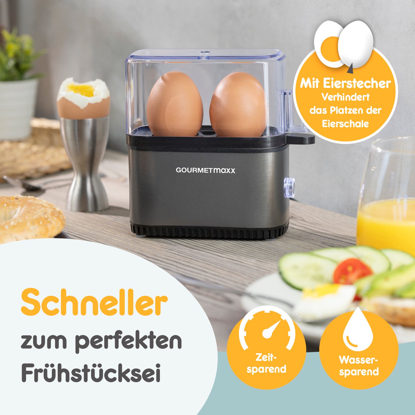 Design-Eierkocher 2 Eier - Anthrazit mit Eierspießer, zeitsparend und kompakt für perfekte Frühstückseier ohne Herd.