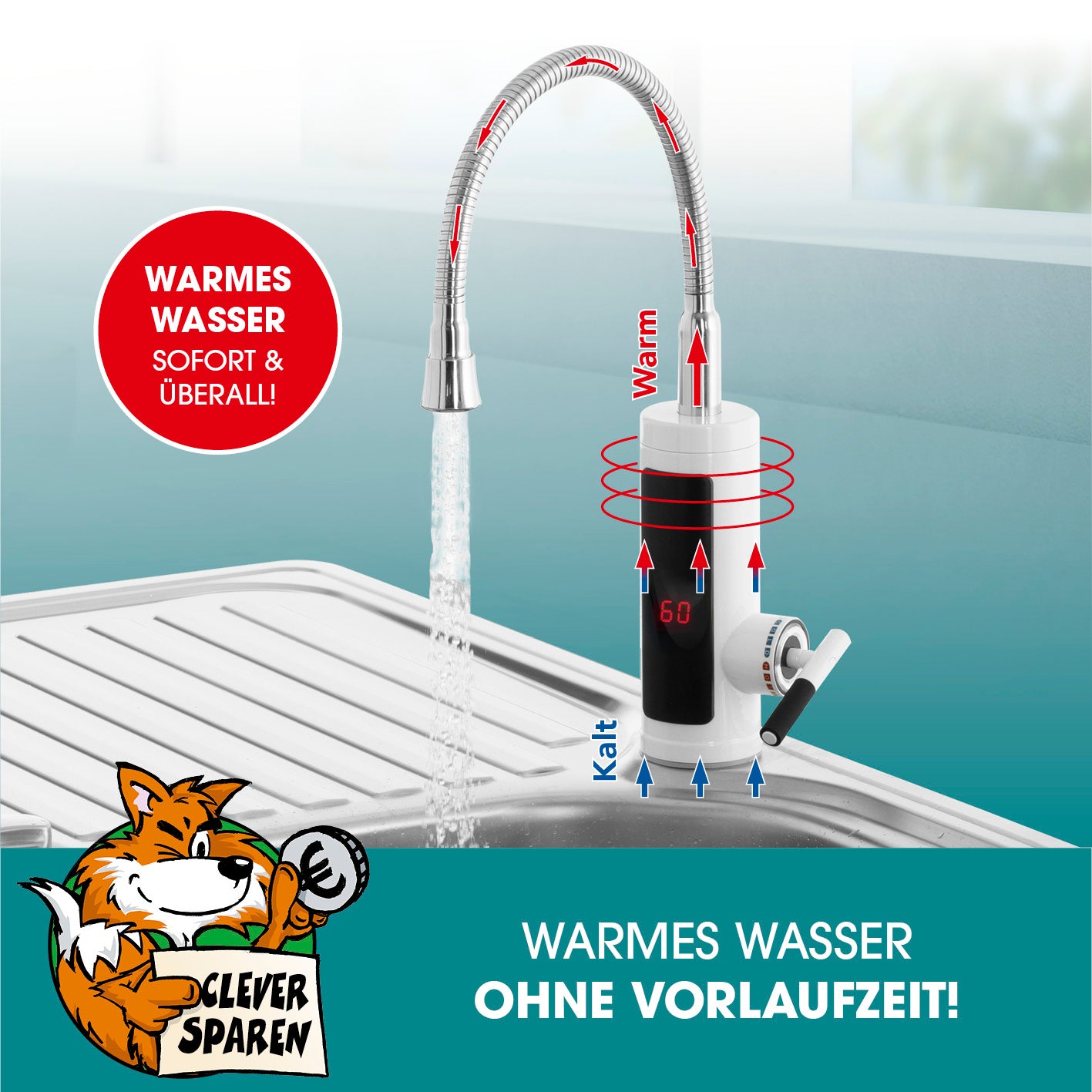 Warm- & Kaltwasserarmatur mit Durchlauferhitzer, digitaler LED-Temperaturanzeige, sofort warmes Wasser bis 60 °C ohne Vorheizen.